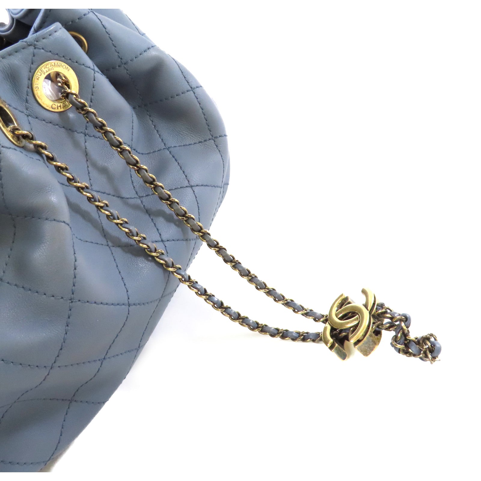 CHANEL 菱格牛皮皮革2Way Shoulder Bag金扣手挽肩背兩用袋灰藍色