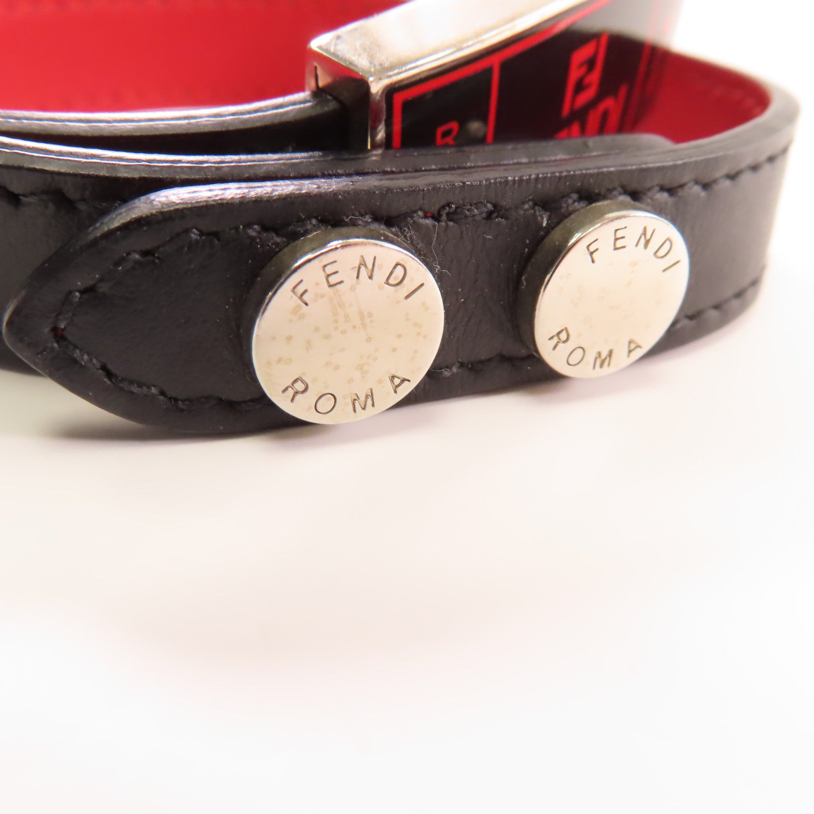 FENDI 牛皮皮革Leather Bracelet銀扣手帶黑色/紅色