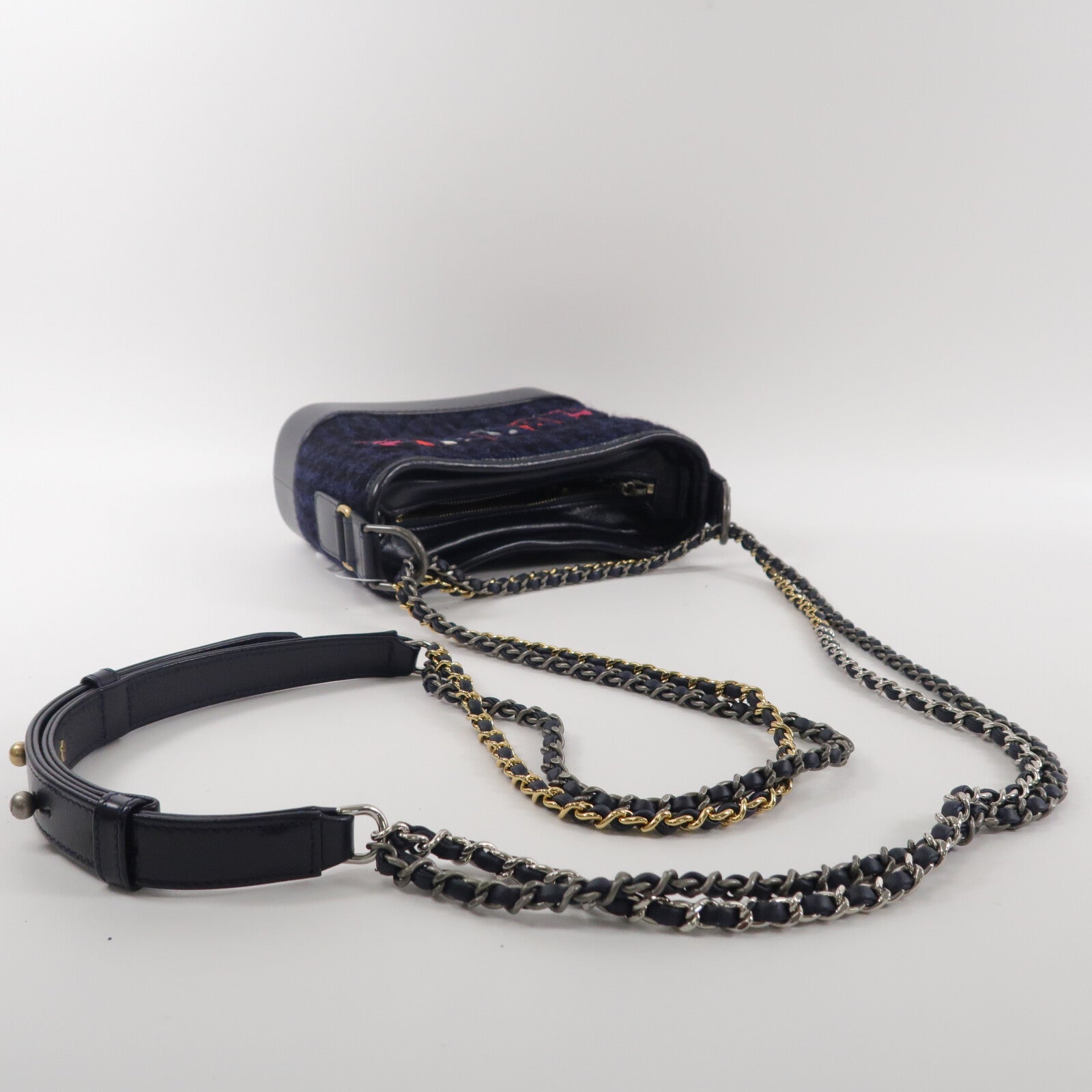 CHANEL 牛皮皮革/Tweed Navy Tweed Gabrielle Small鏈帶肩背袋