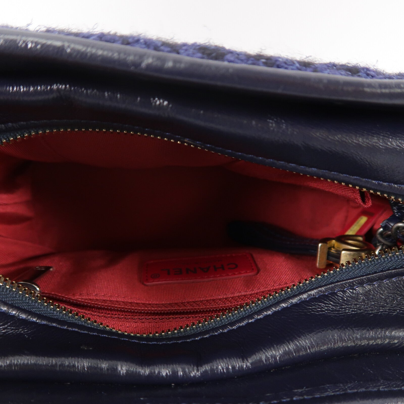 CHANEL 牛皮皮革/Tweed Navy Tweed Gabrielle Small鏈帶肩背袋