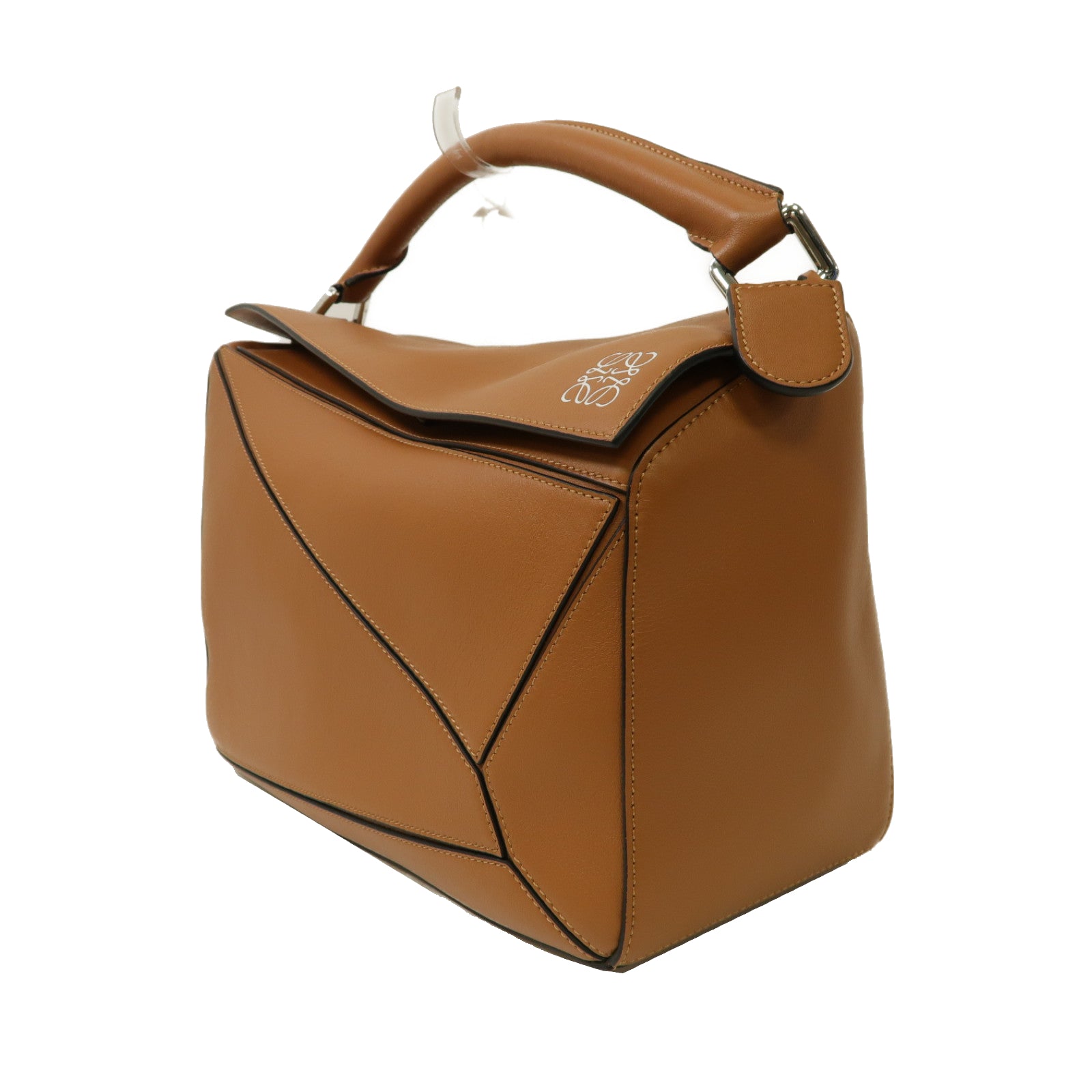 LOEWE 牛皮皮革Puzzle Medium銀扣手挽肩背兩用袋啡色