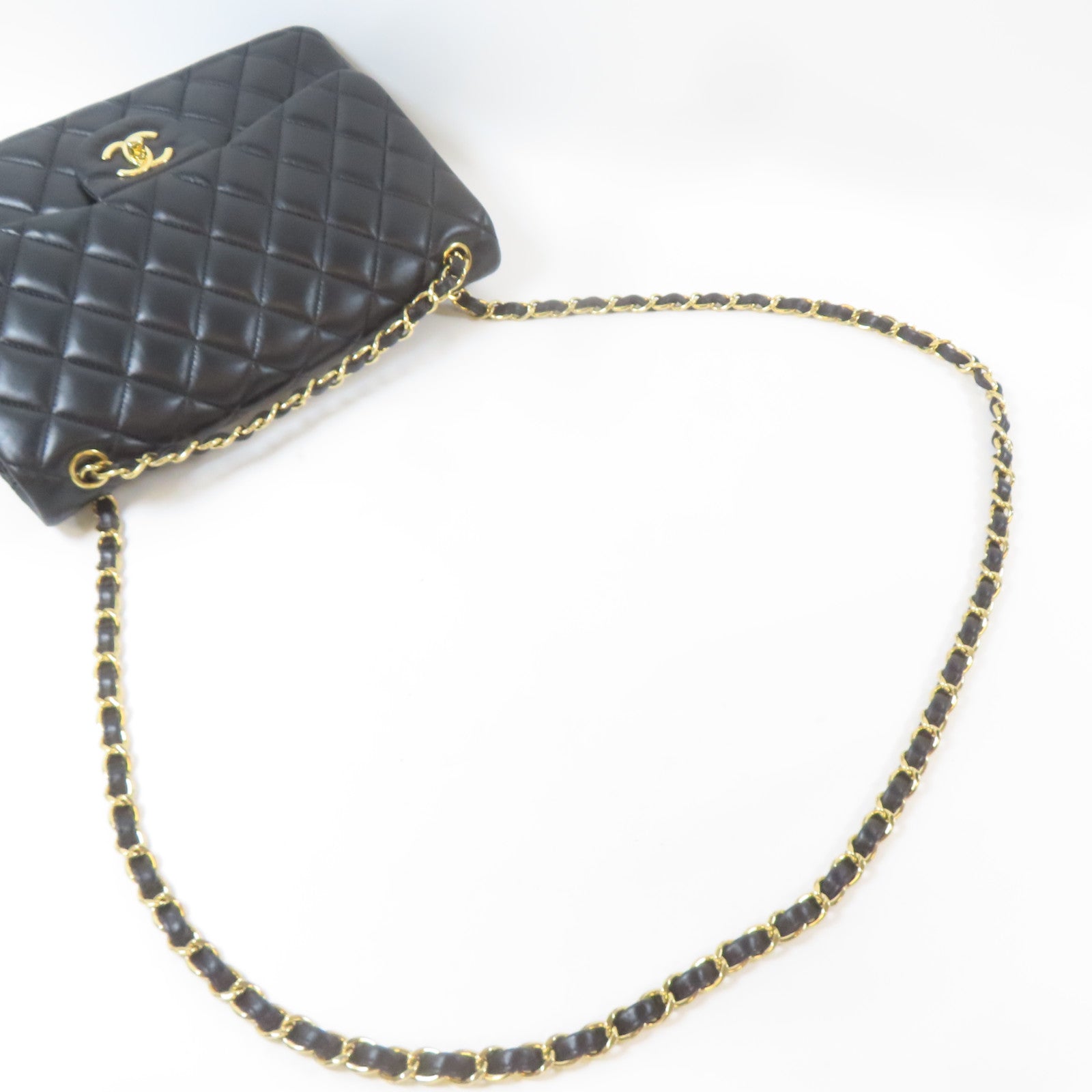 CHANEL 菱格羊皮皮革Classic Jumbo Bag金扣鏈帶肩背袋黑色
