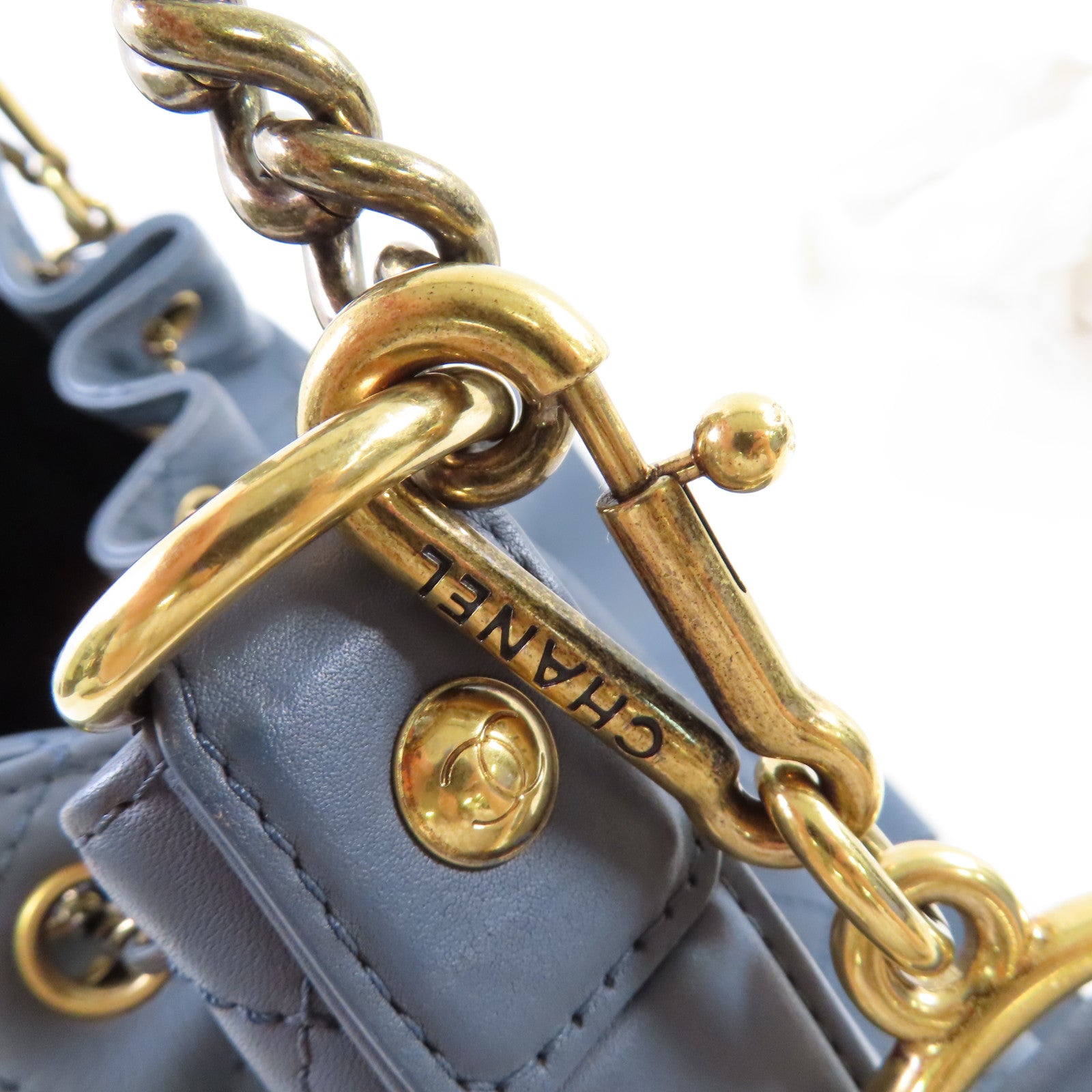 CHANEL 菱格牛皮皮革2Way Shoulder Bag金扣手挽肩背兩用袋灰藍色