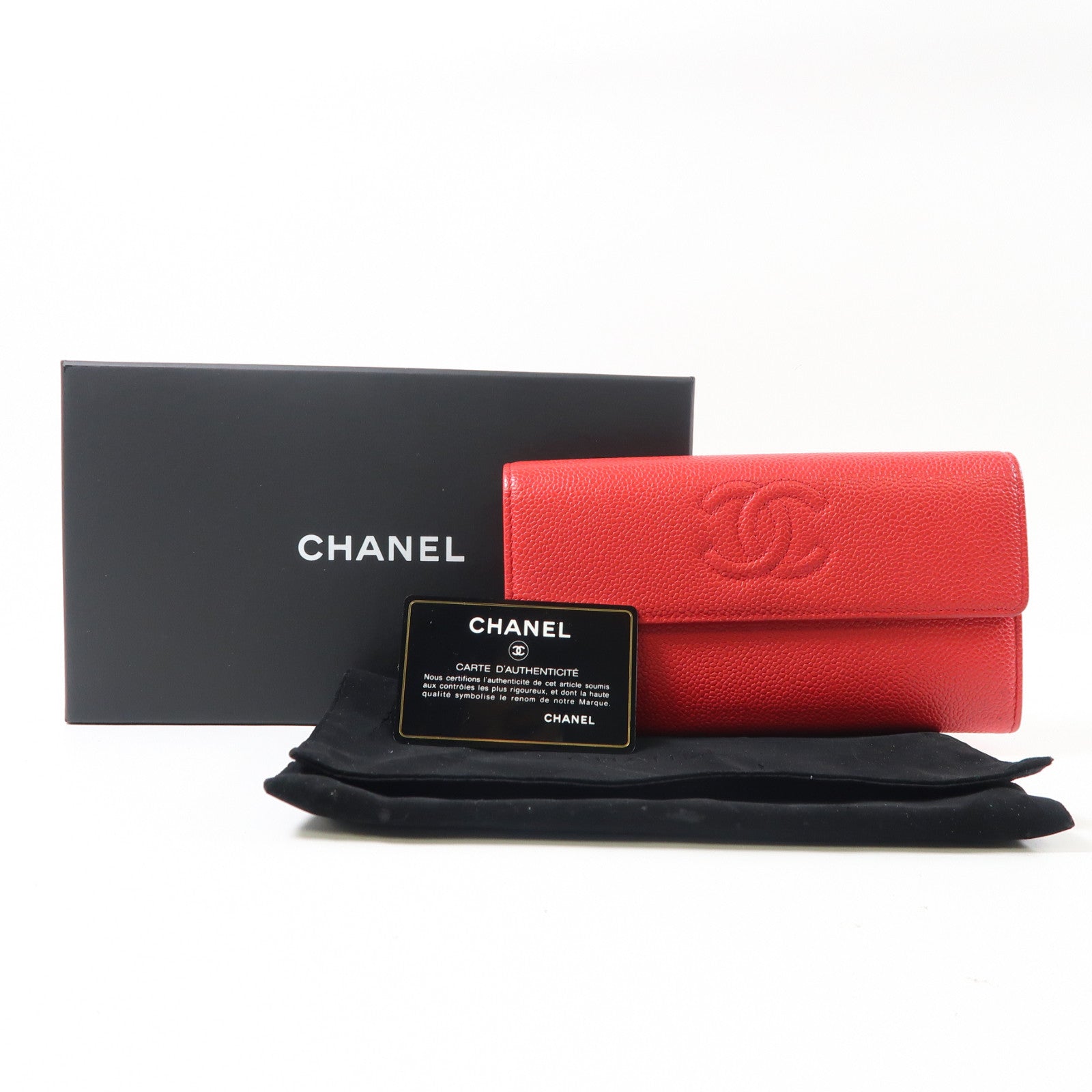 CHANEL Caviar皮革Long Wallet銀扣長錢包紅色