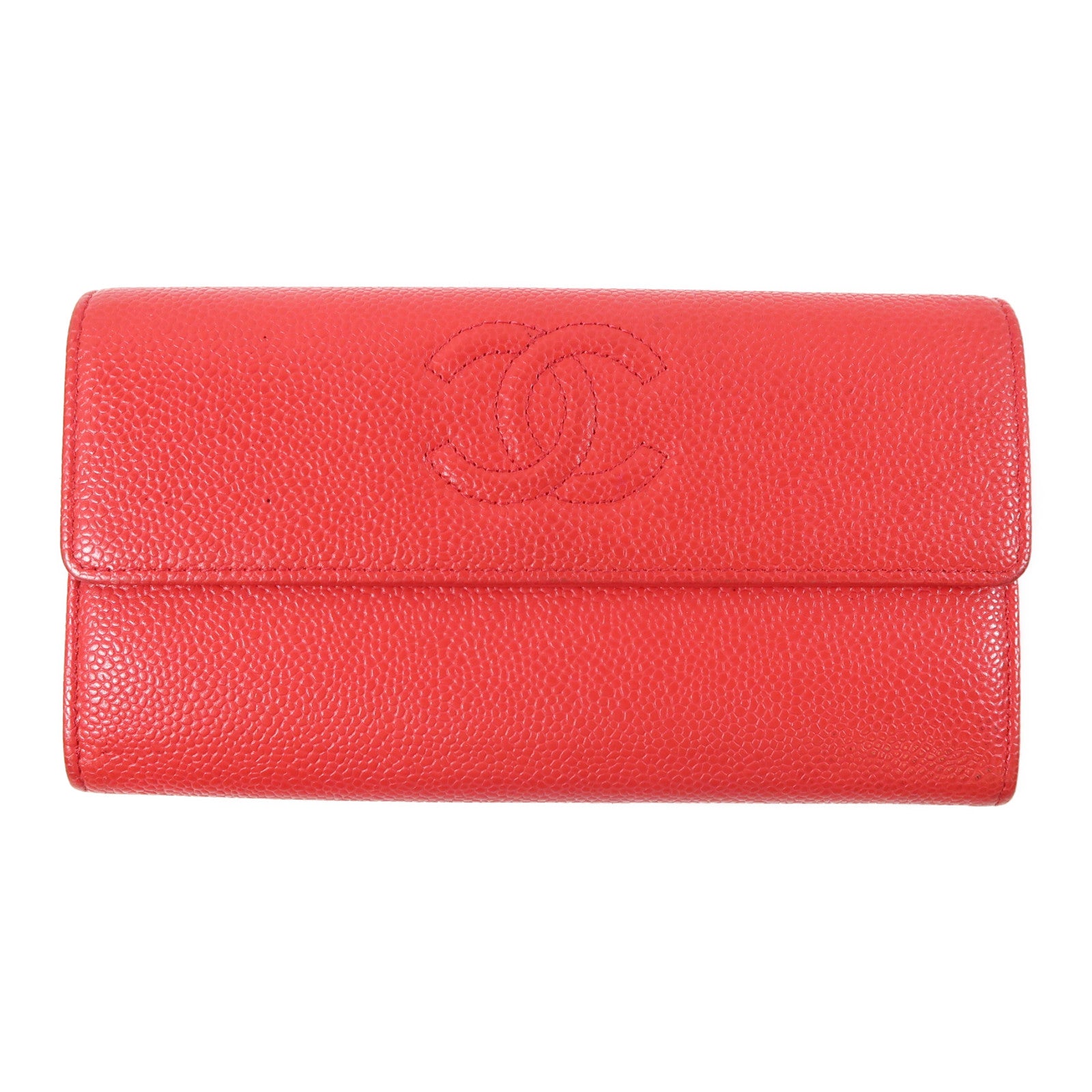 CHANEL Caviar皮革Long Wallet銀扣長錢包紅色