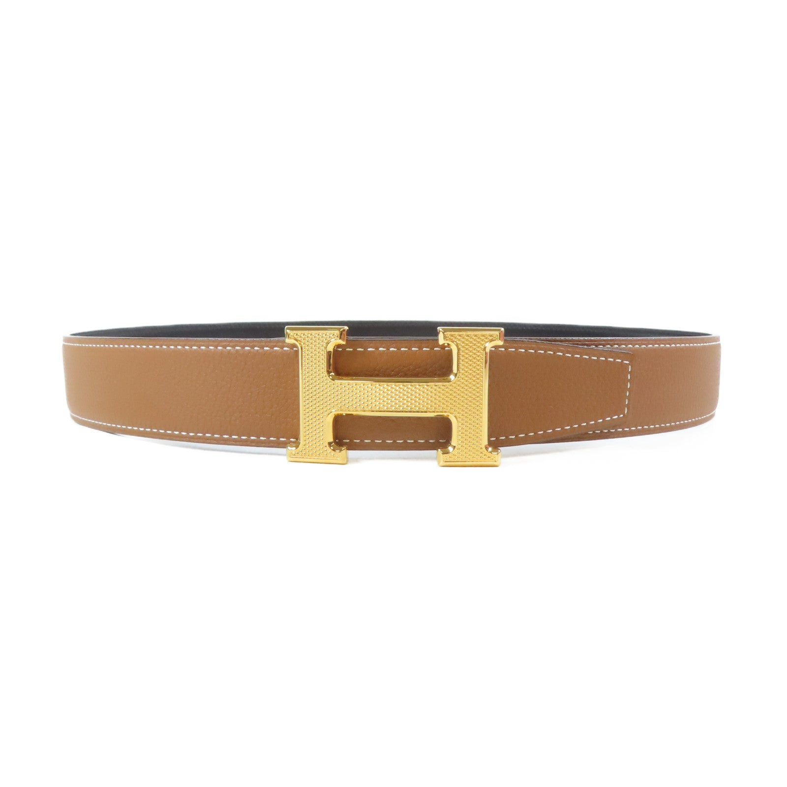 HERMES 皮革Belt金扣皮帶啡色/黑色80cm