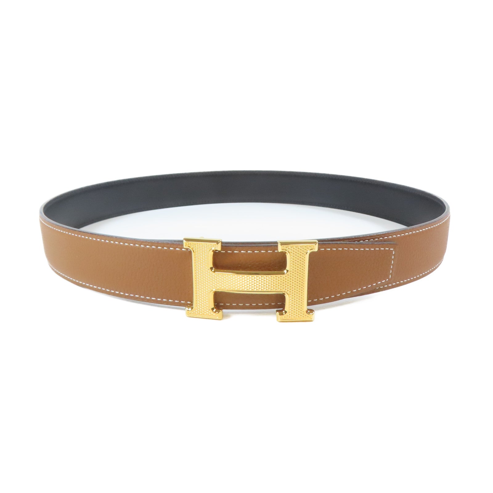 HERMES 皮革Belt金扣皮帶啡色/黑色80cm