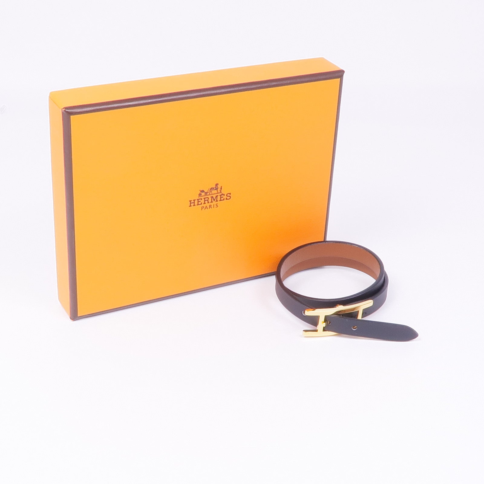 HERMES GHW Double Tour Bracelet Swift Leather Black Noir