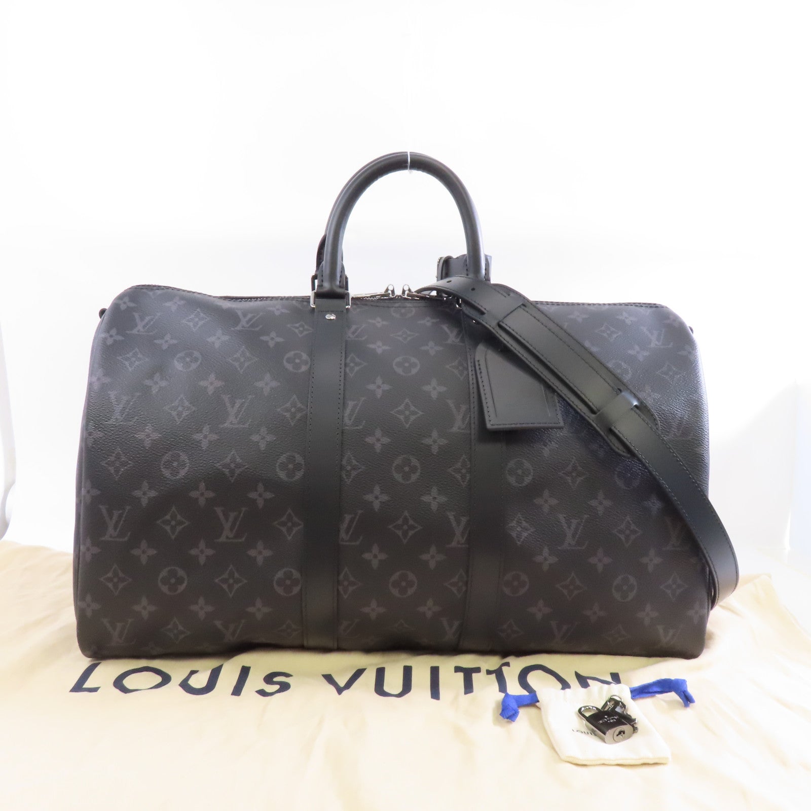 LOUIS VUITTON Monogram Eclipse Keepall Bandouliere 45銀扣手挽肩背兩用袋黑色