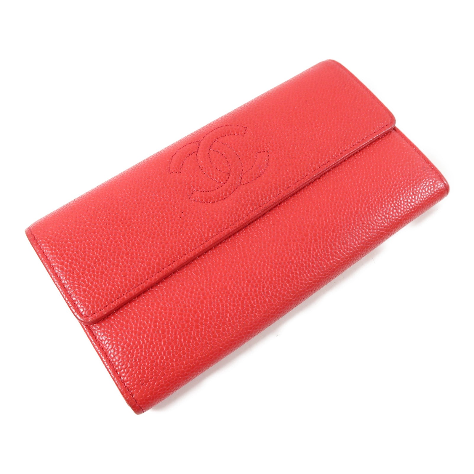 CHANEL Caviar皮革Long Wallet銀扣長錢包紅色