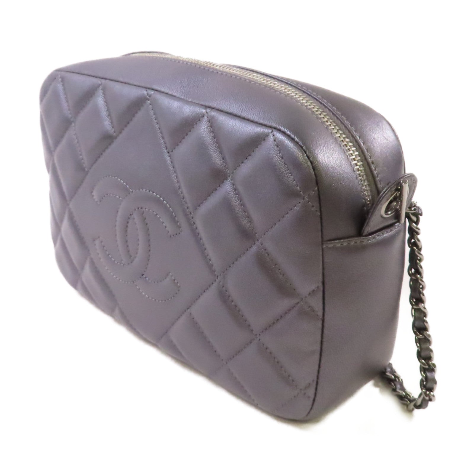 CHANEL 【激減優惠】菱格牛皮皮革Chain Shoulder Bag銀扣鏈帶肩背袋銀灰色