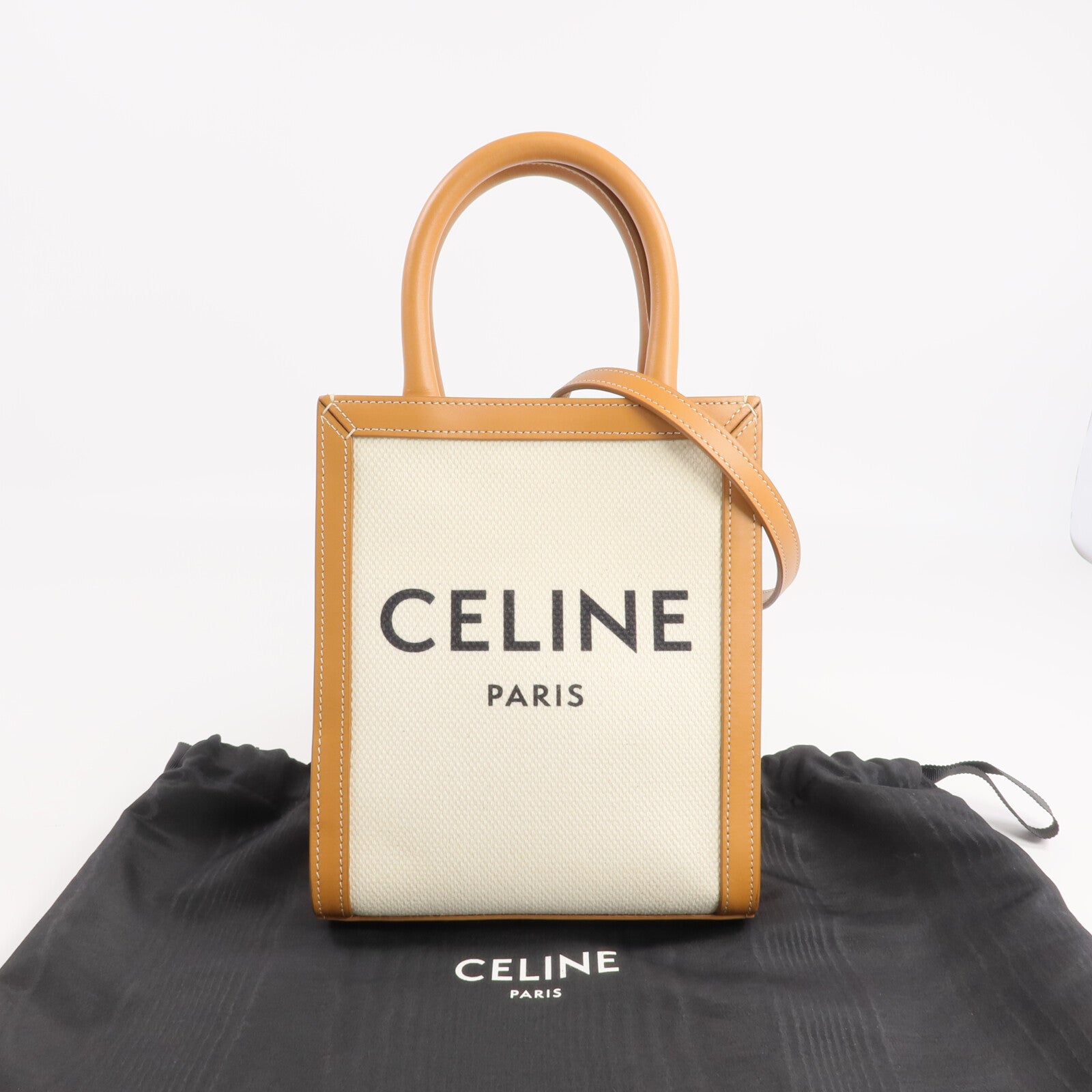 CELINE 帆布/牛皮皮革Mini Cabas Vertical金扣手挽肩背兩用袋