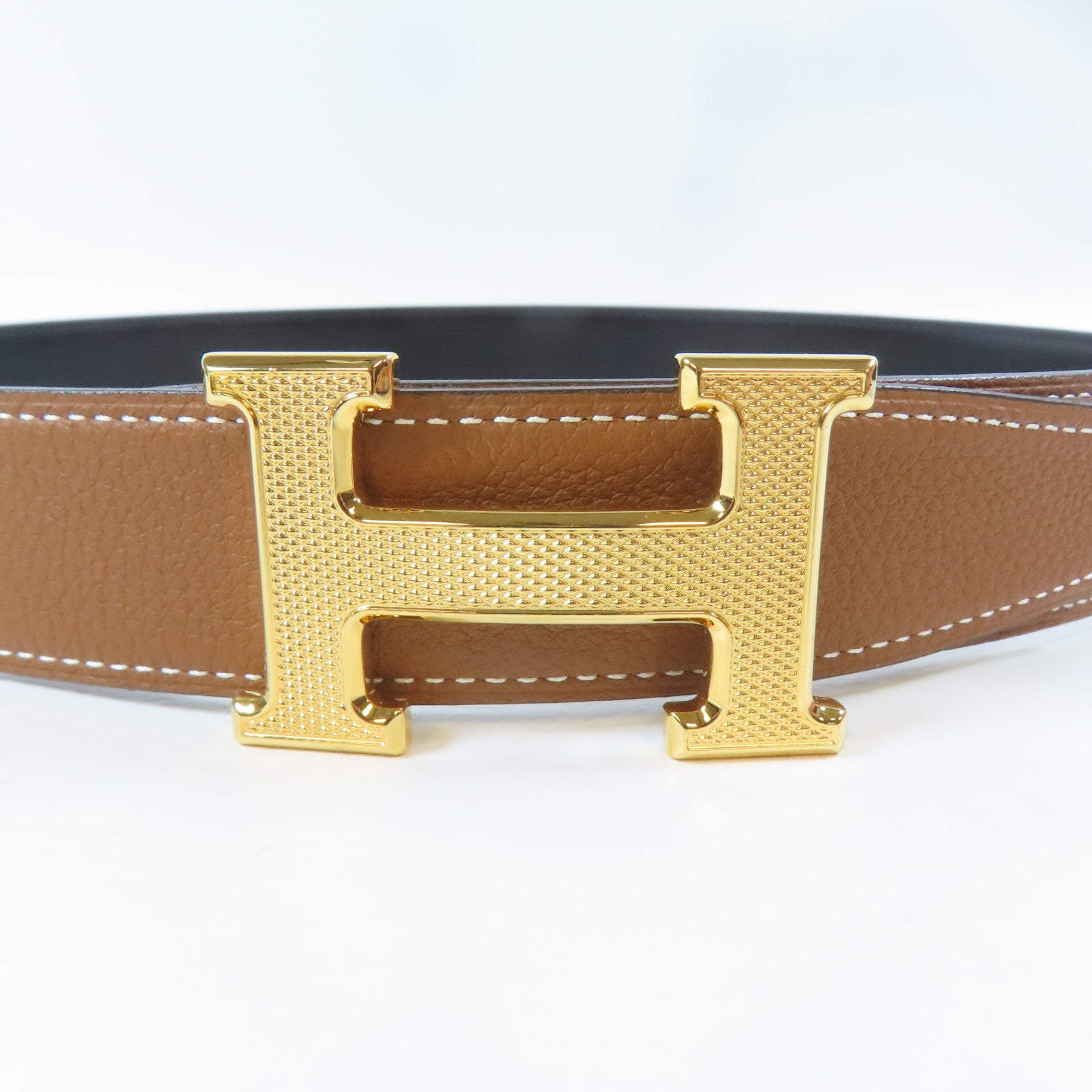 HERMES 皮革Belt金扣皮帶啡色/黑色80cm