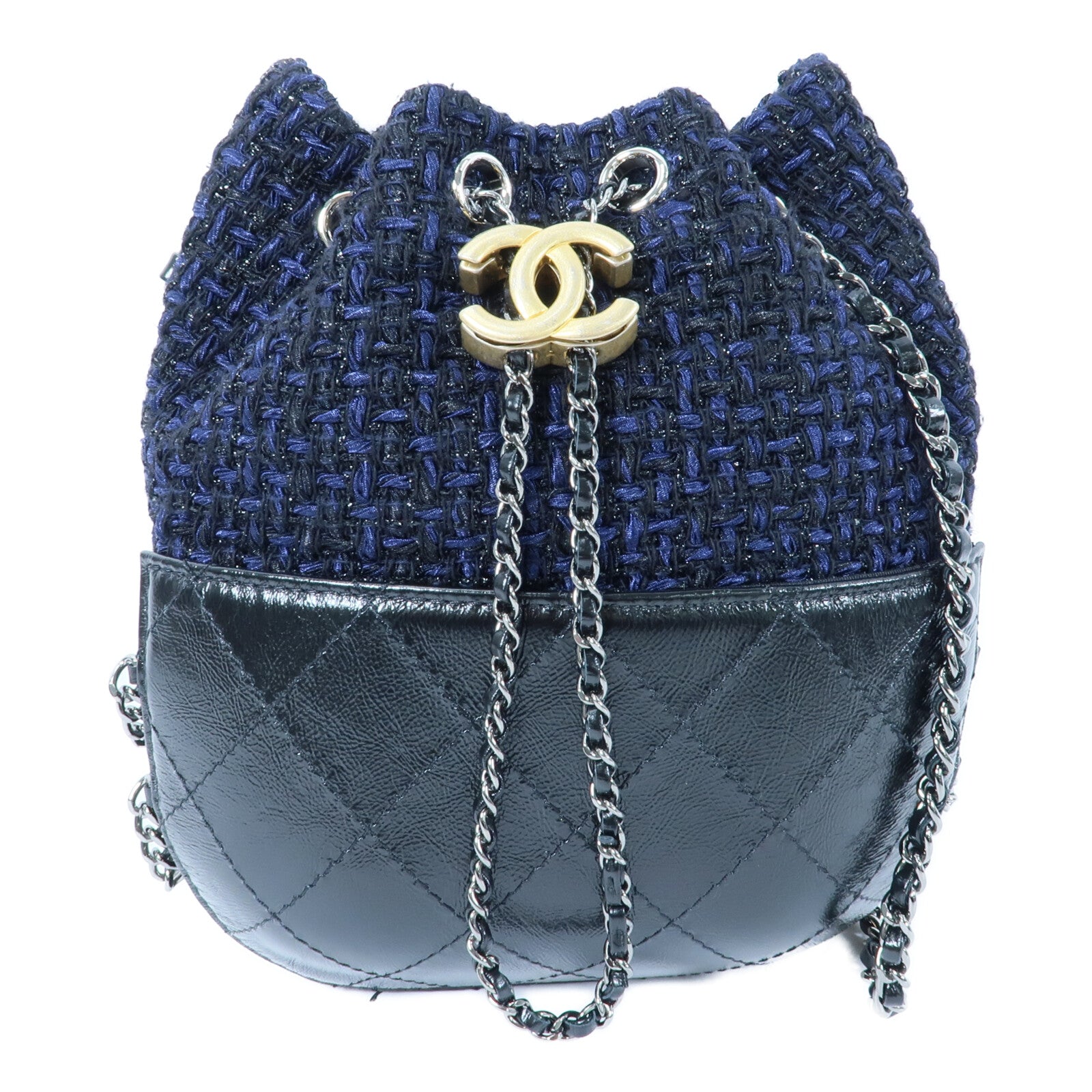 CHANEL 牛皮皮革/Tweed Small Gabrielle Bucket鏈帶肩背袋