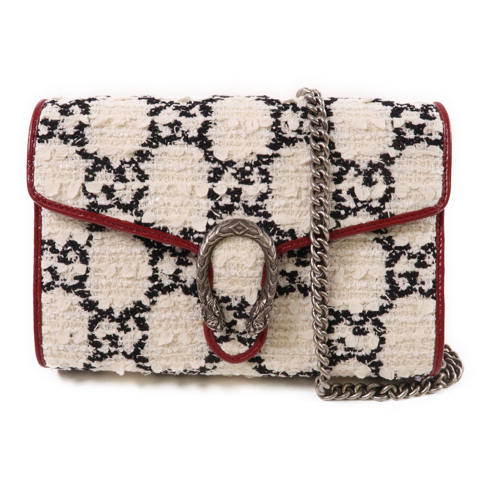 GUCCI 軟呢GG Supreme Wallet On Chain銀扣鏈帶肩背袋白色/紅色