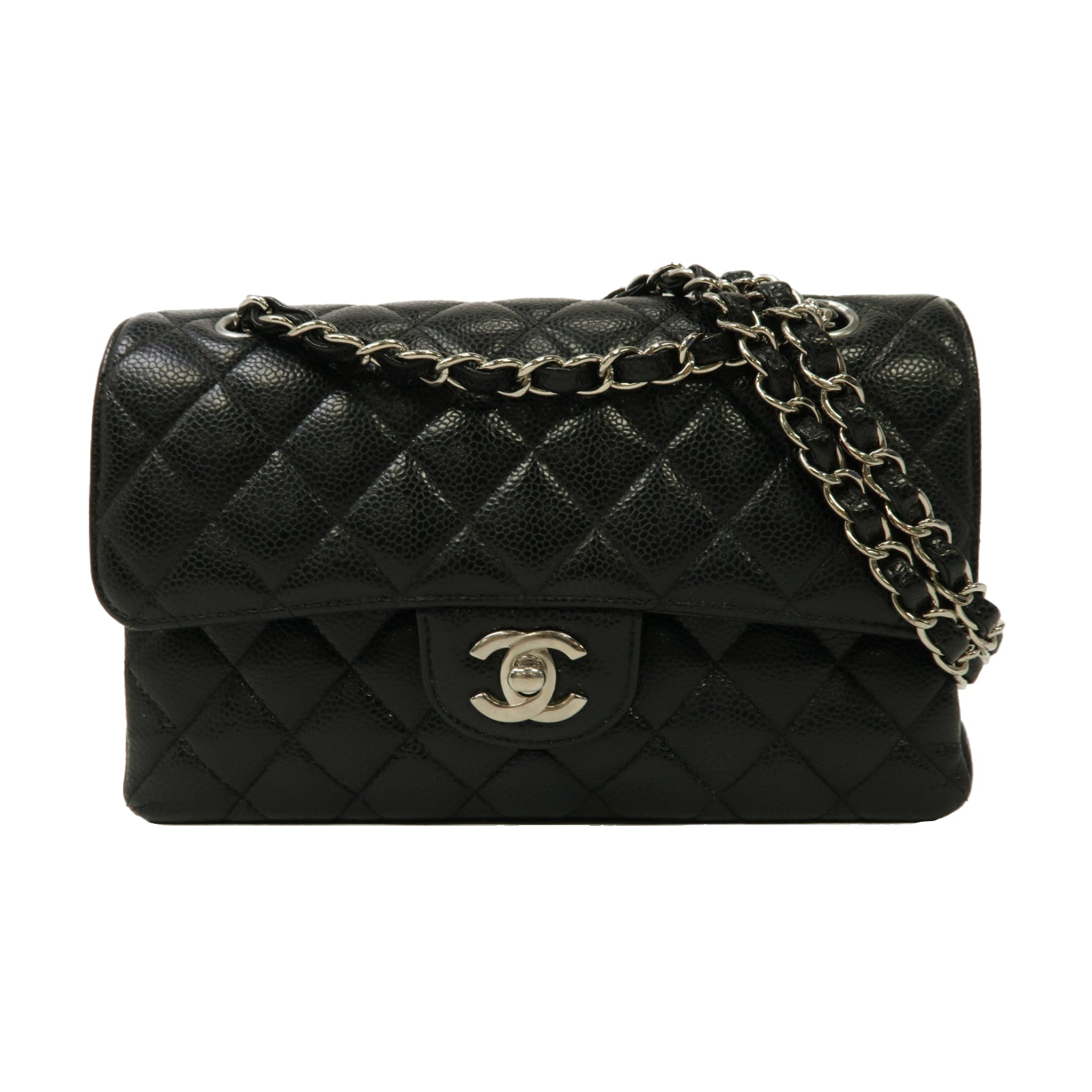 CHANEL 【激減優惠】菱格Caviar皮革Classic Flap 23銀扣鏈帶肩背袋黑色