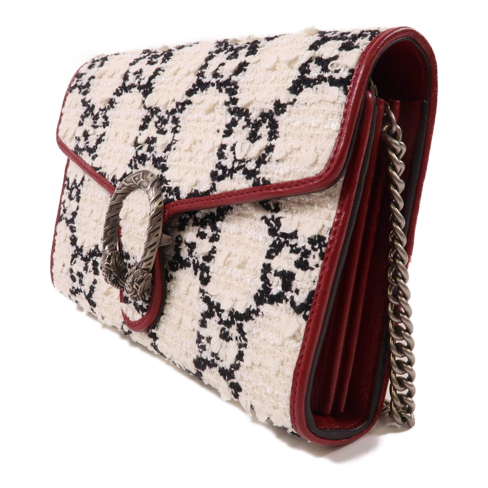 GUCCI 軟呢GG Supreme Wallet On Chain銀扣鏈帶肩背袋白色/紅色