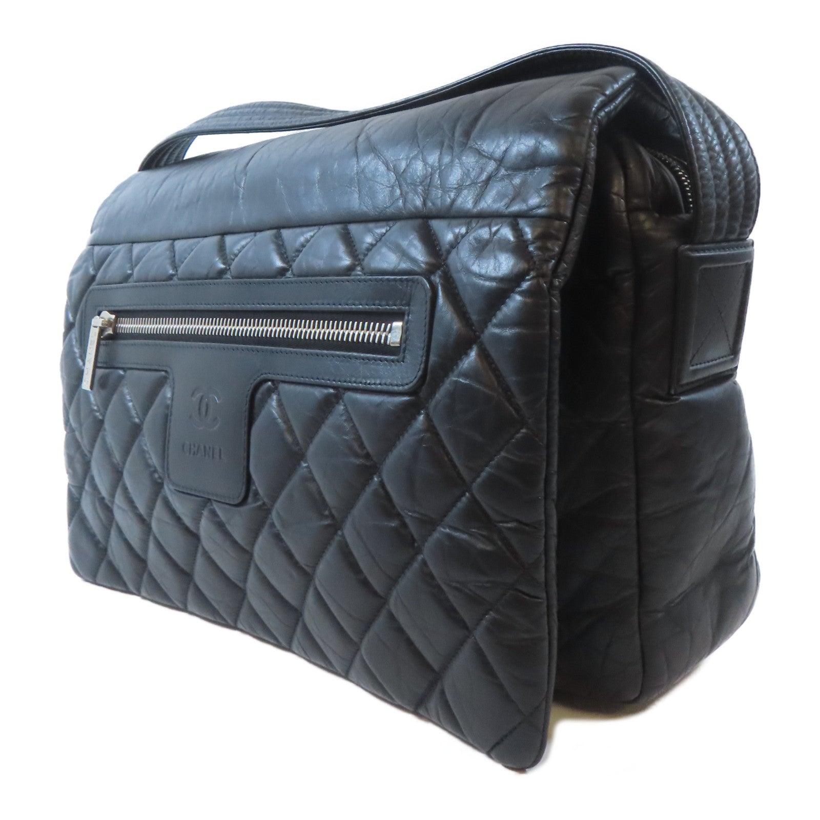 CHANEL 菱格尼龍Coco Cocoon Messenger Bag銀扣肩背袋黑色