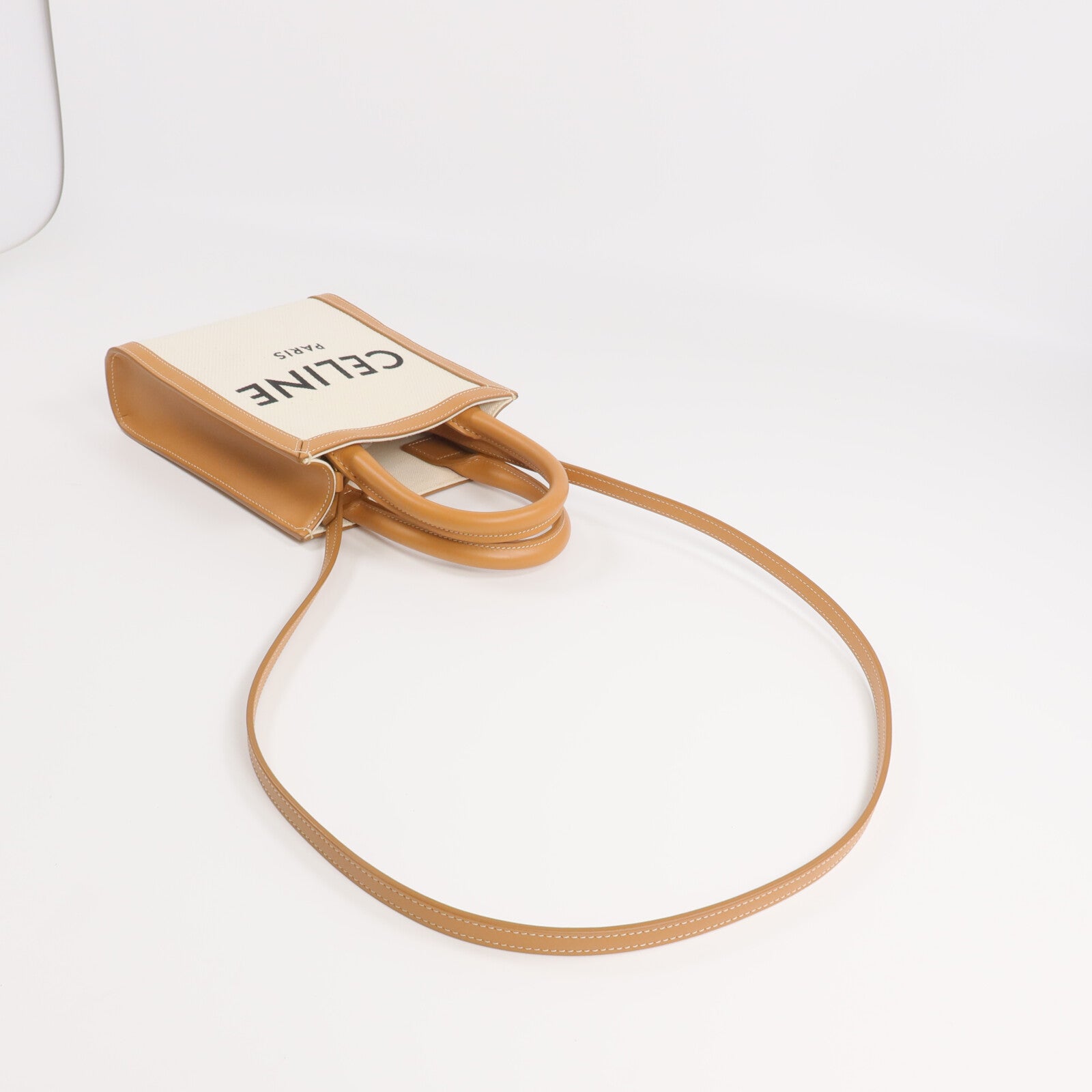 CELINE 帆布/牛皮皮革Mini Cabas Vertical金扣手挽肩背兩用袋