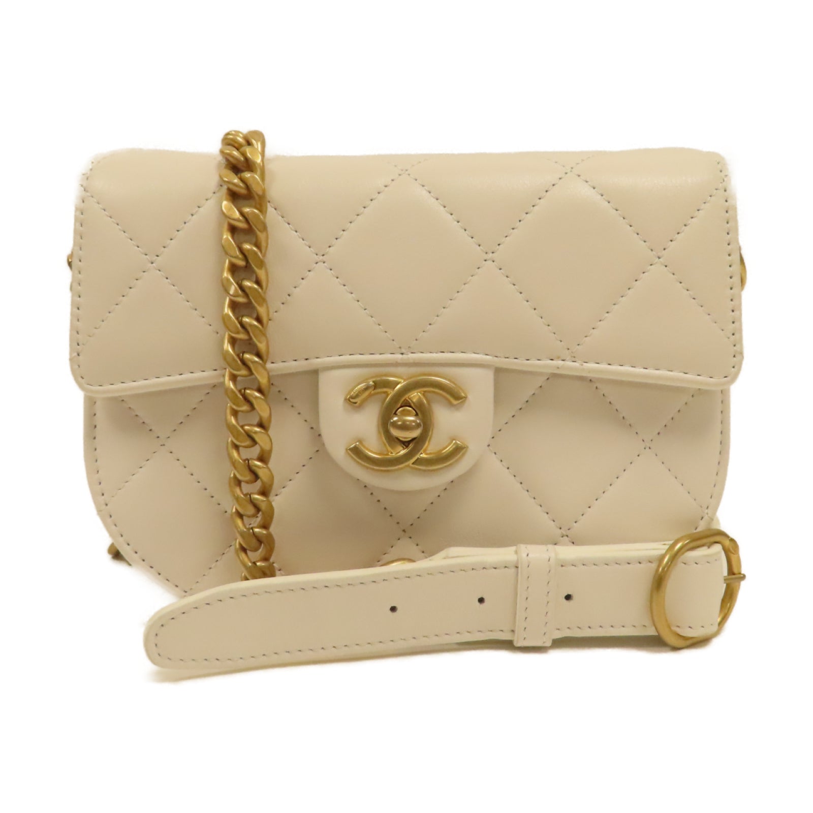 CHANEL 菱格牛皮皮革Shoulder Bag金扣鏈帶肩背袋白色