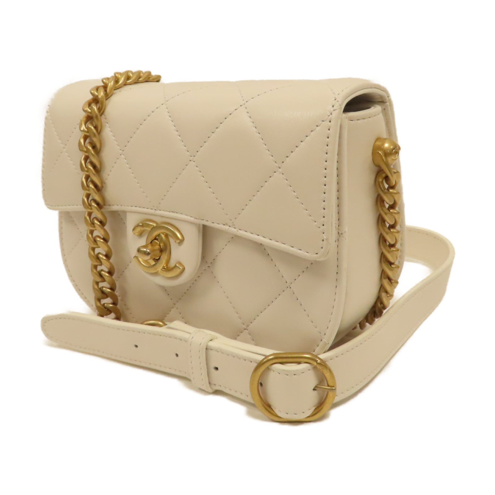 CHANEL 菱格牛皮皮革Shoulder Bag金扣鏈帶肩背袋白色