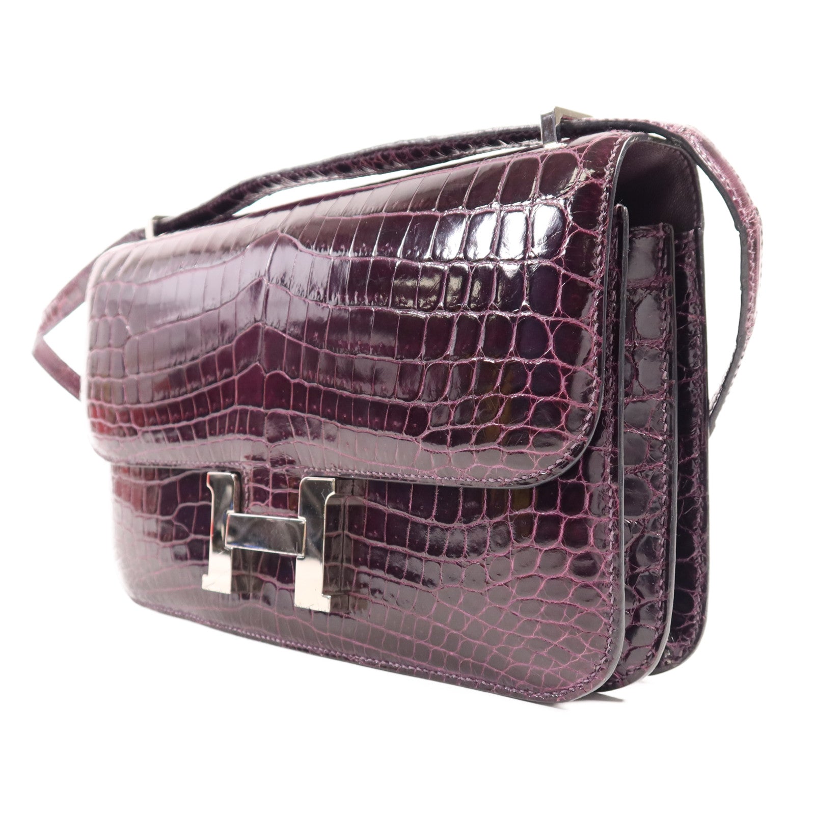 HERMES 鱷魚皮革Constance Elan銀扣肩背袋Amethyst