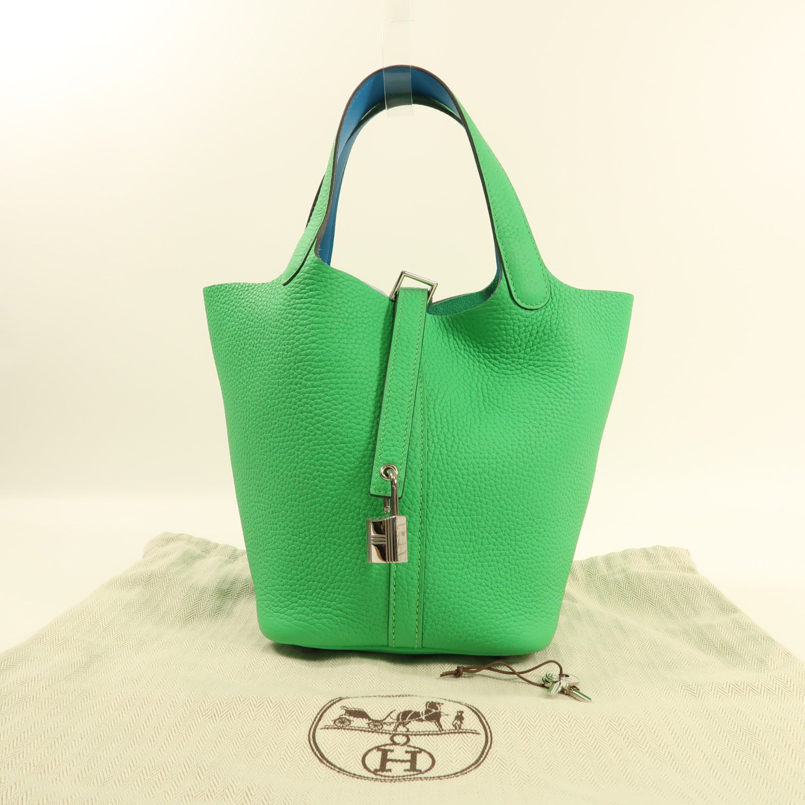 HERMES Clemence皮革Picotin PM銀扣手挽袋Vert Comic綠色