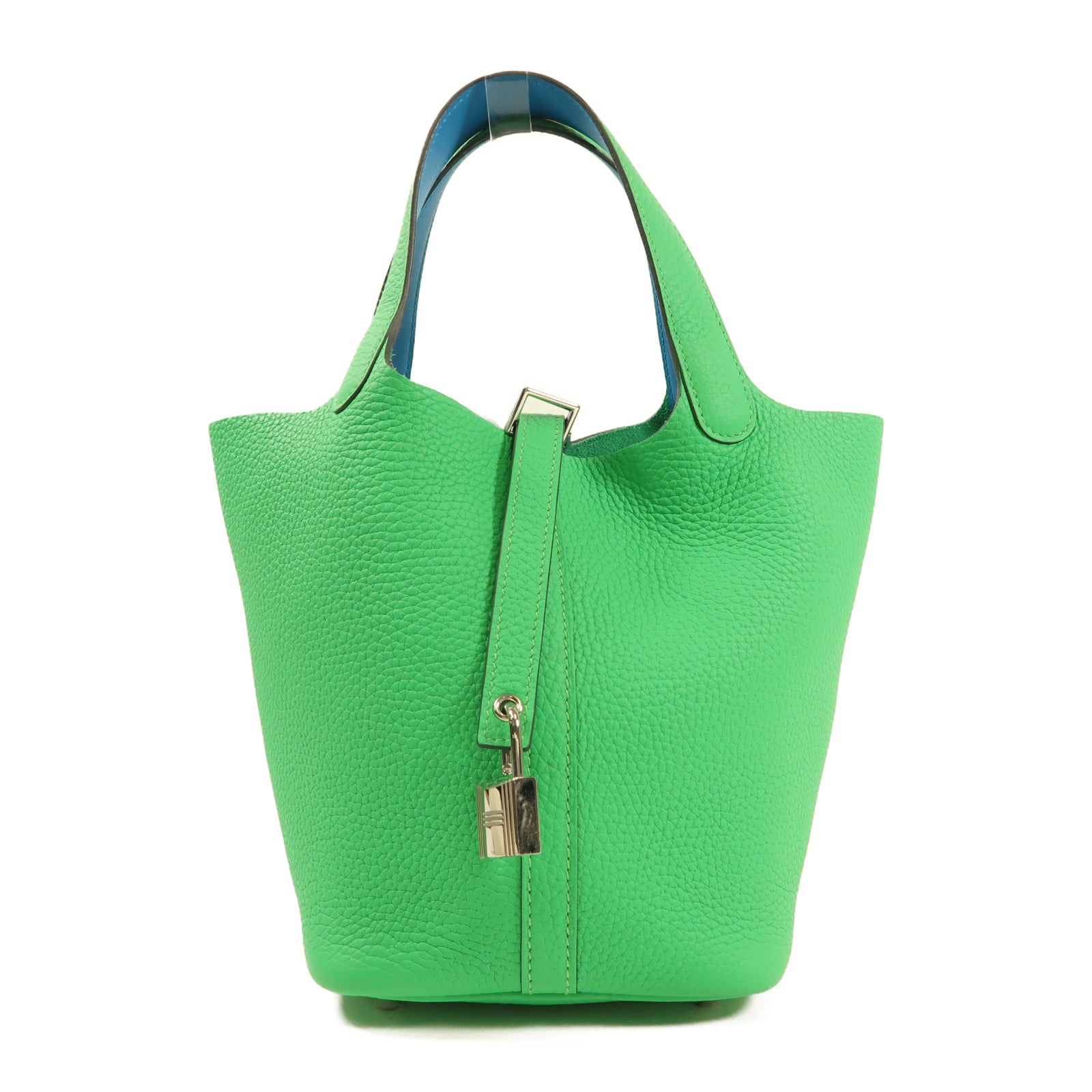 HERMES Clemence皮革Picotin PM銀扣手挽袋Vert Comic綠色