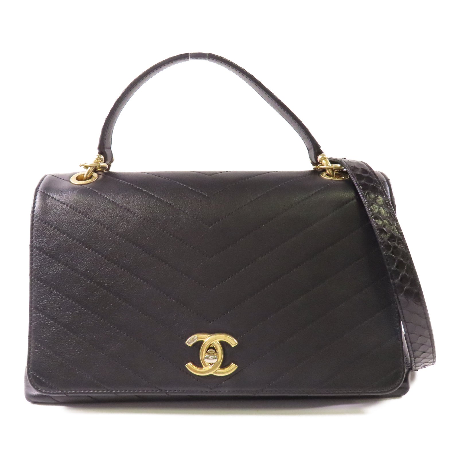 CHANEL 蛇皮/牛皮皮革金扣2 Way Bag手挽肩背兩用袋