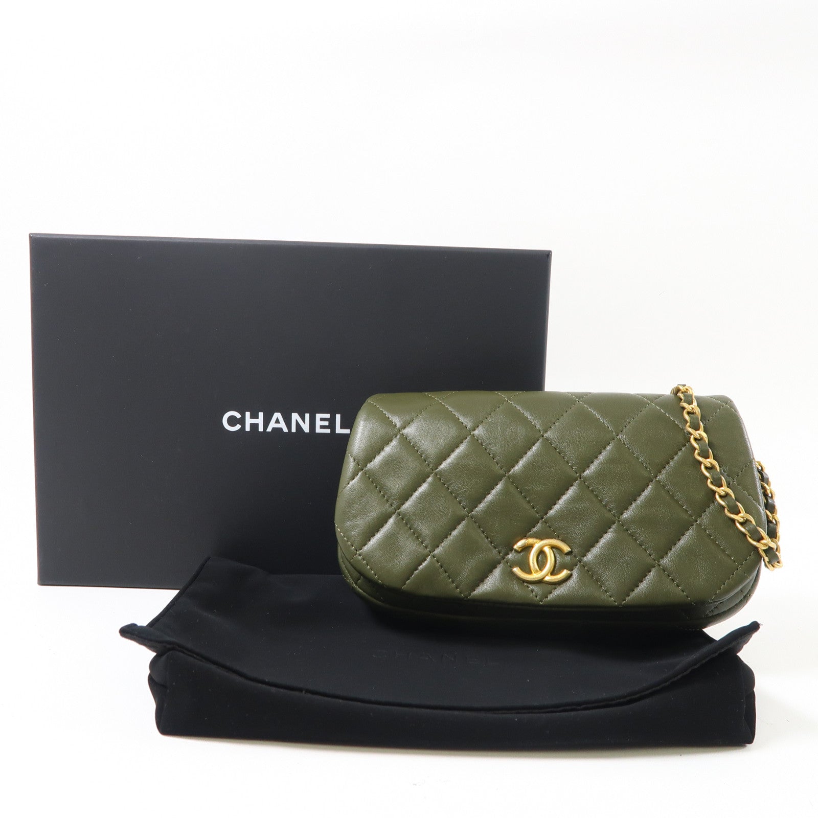 CHANEL 菱格羊皮皮革Shoulder Bag金扣鏈帶肩背袋綠色