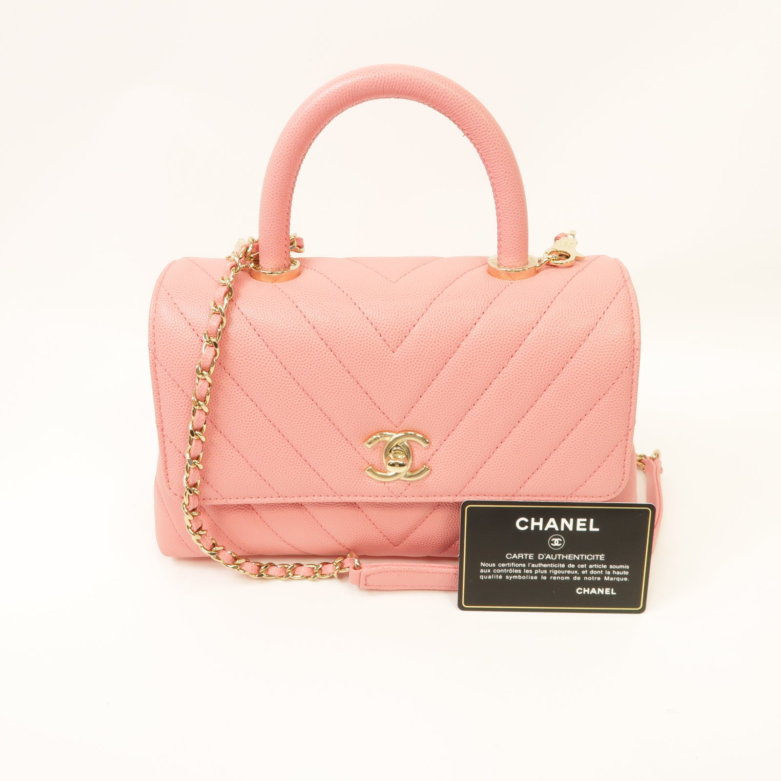 CHANEL 斜紋Caviar皮革Coco Handle金扣手挽肩背兩用袋粉紅色