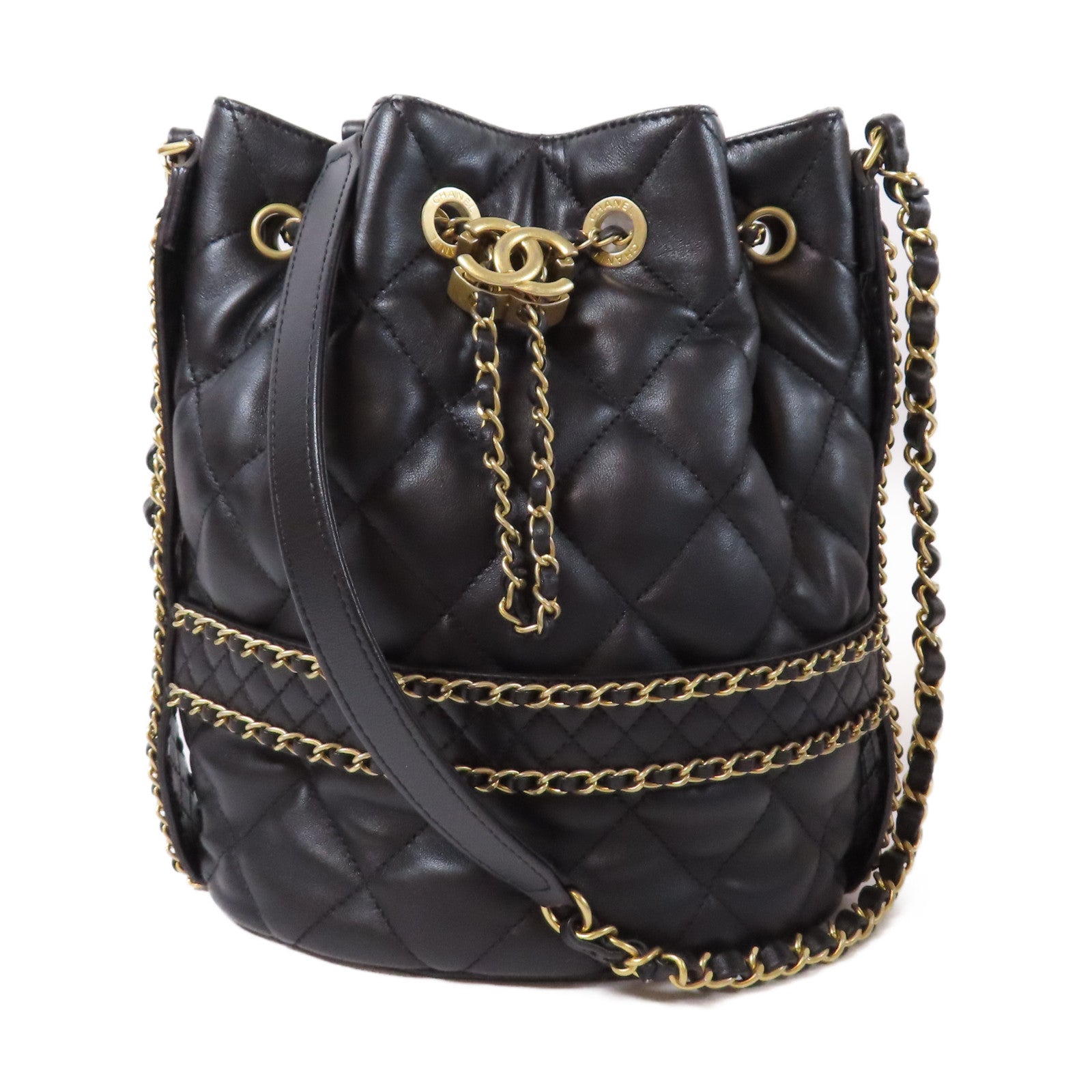 CHANEL 【激減優惠】菱格羊皮皮革Chain Shoulder Bucket金扣鏈帶肩背袋黑色
