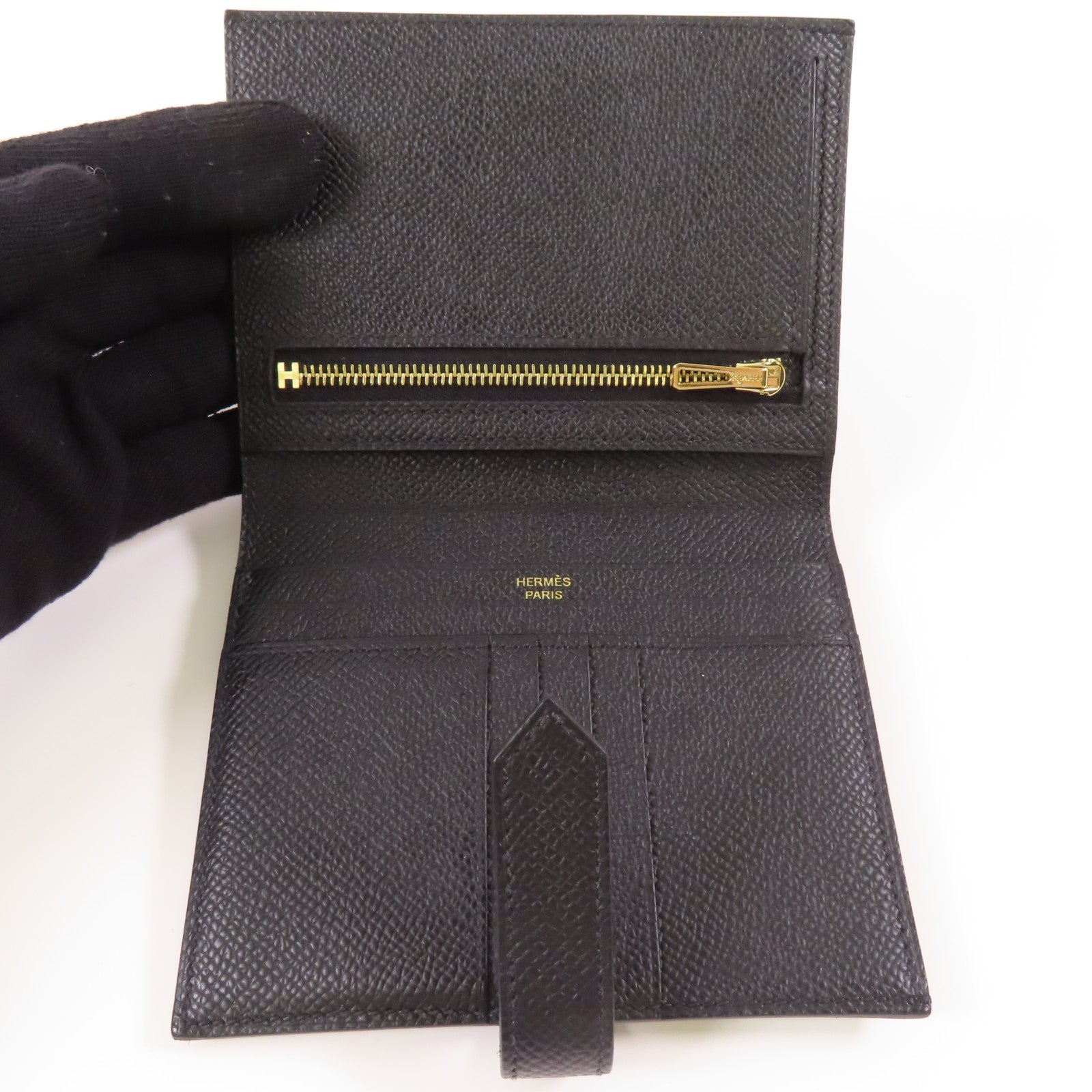 HERMES Epsom皮革Bearn Compact Wallet金扣錢包Noir