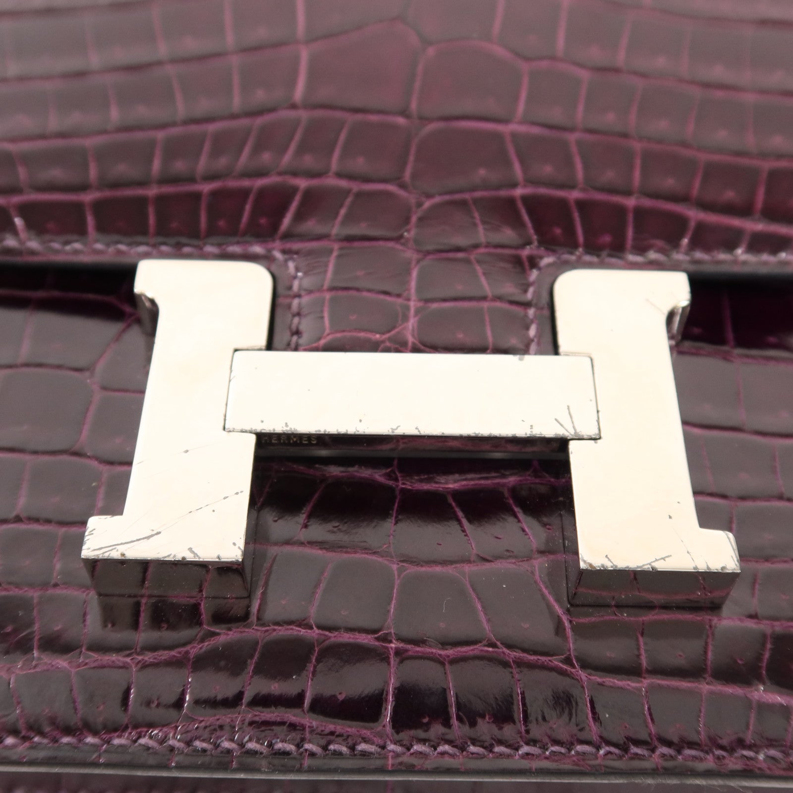 HERMES 鱷魚皮革Constance Elan銀扣肩背袋Amethyst