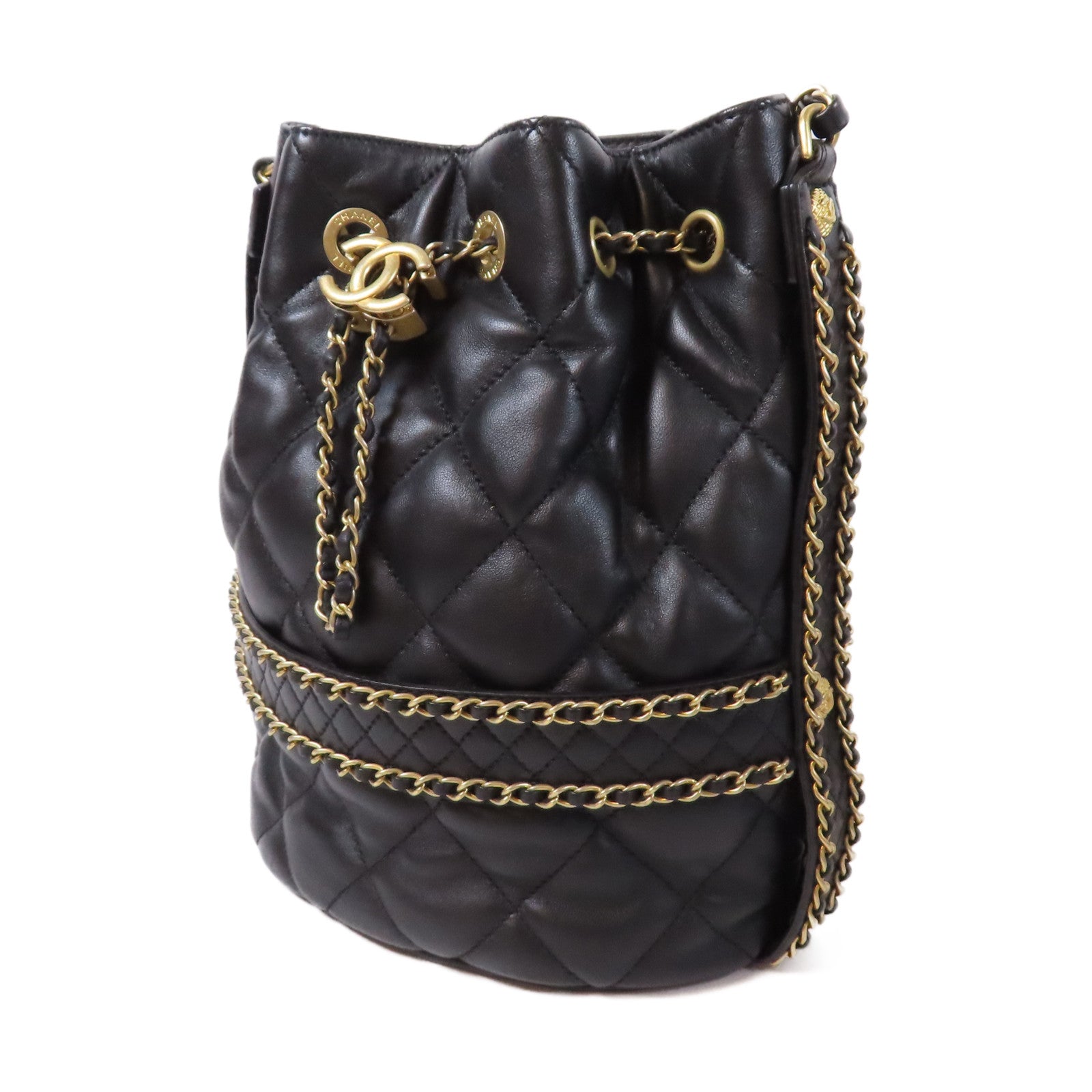 CHANEL 【激減優惠】菱格羊皮皮革Chain Shoulder Bucket金扣鏈帶肩背袋黑色