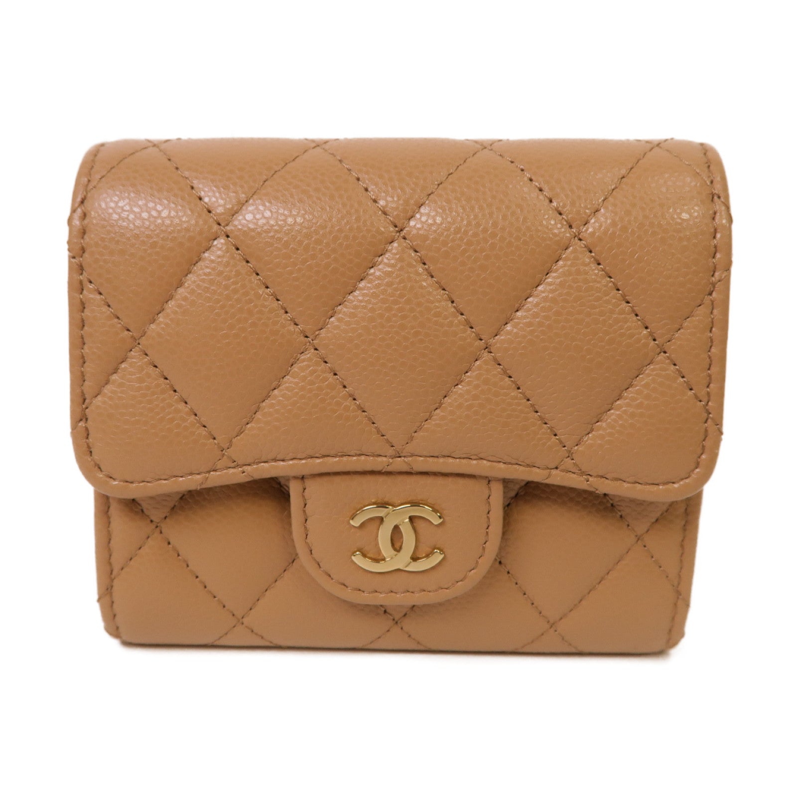CHANEL 菱格Caviar皮革Wallet金扣錢包杏色