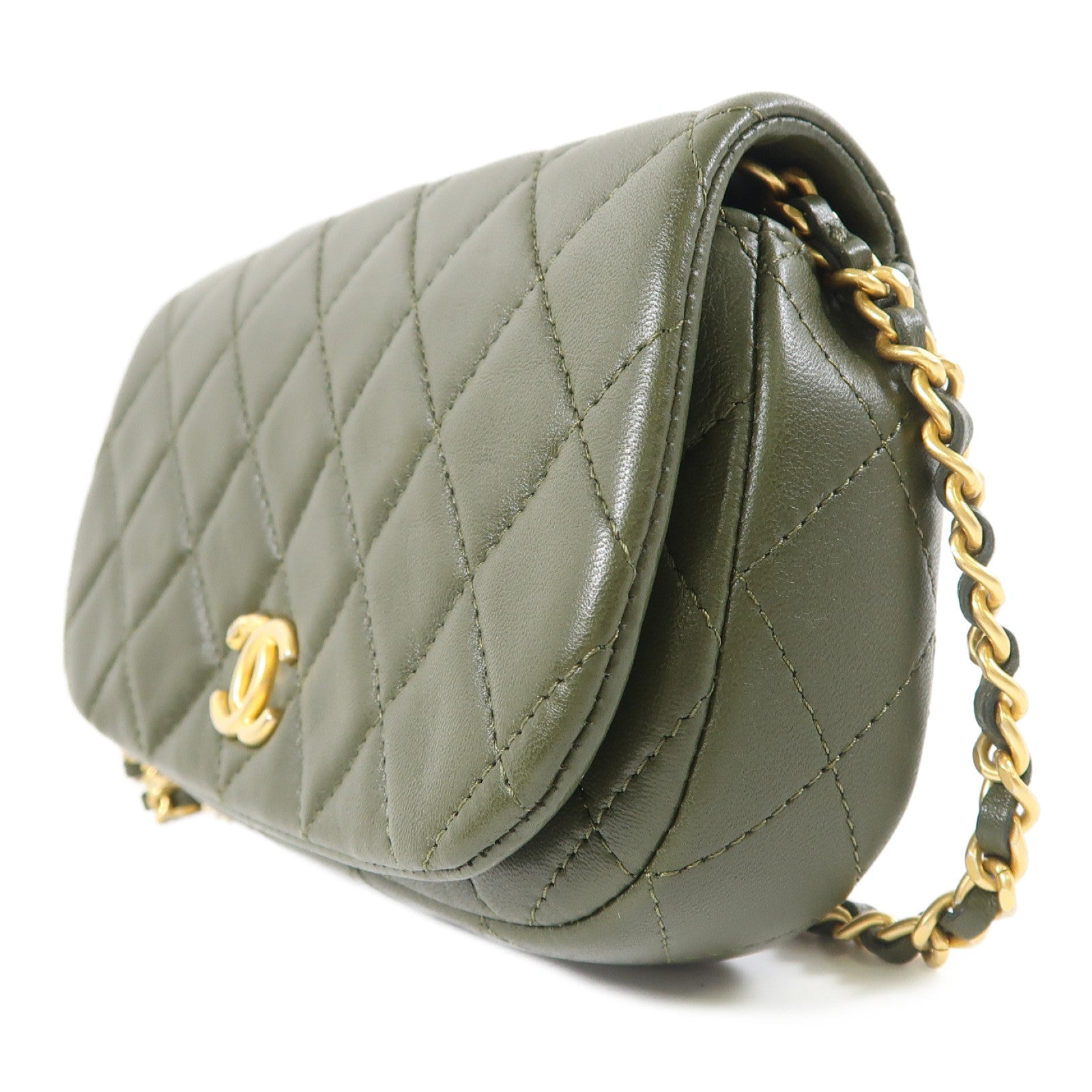 CHANEL 菱格羊皮皮革Shoulder Bag金扣鏈帶肩背袋綠色