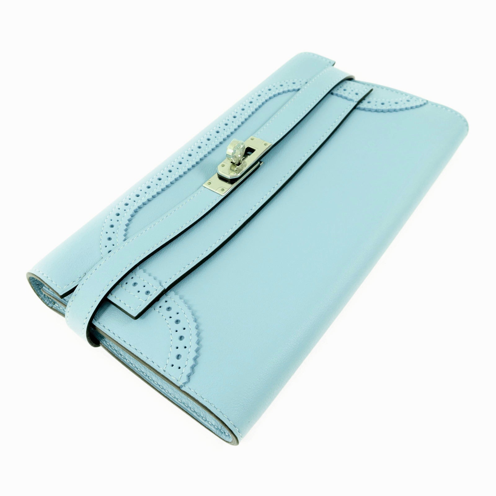 HERMES Swift皮革Kelly Wallet Ghillies銀扣長錢包Bleu Atoll