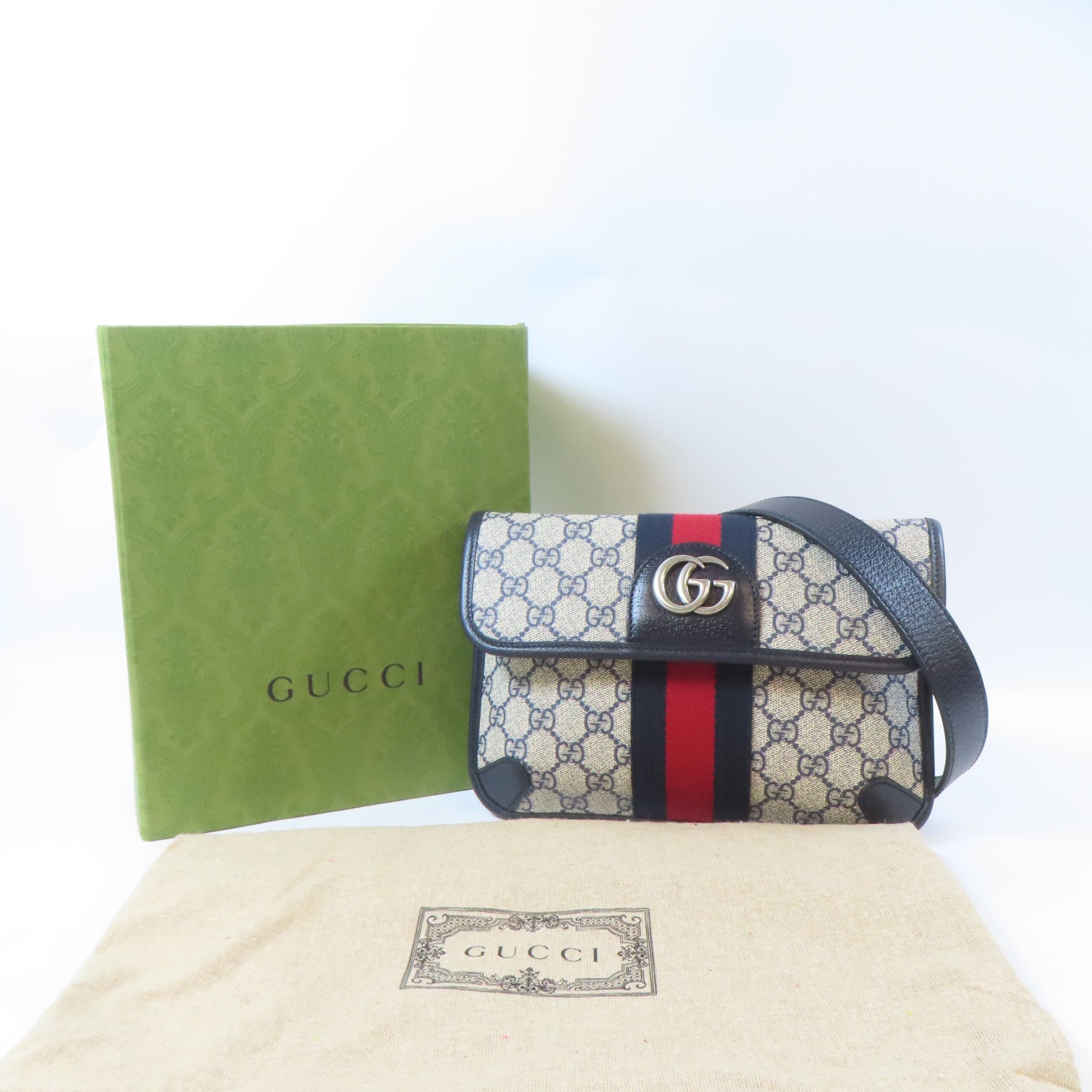GUCCI 塗層帆布Ophidia Belt Bag銀扣腰包藍色/米白色