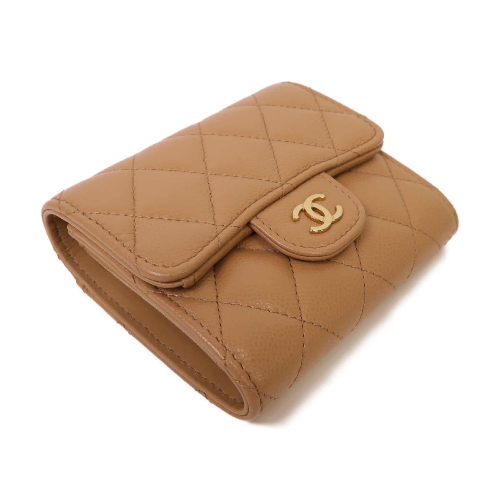 CHANEL 菱格Caviar皮革Wallet金扣錢包杏色