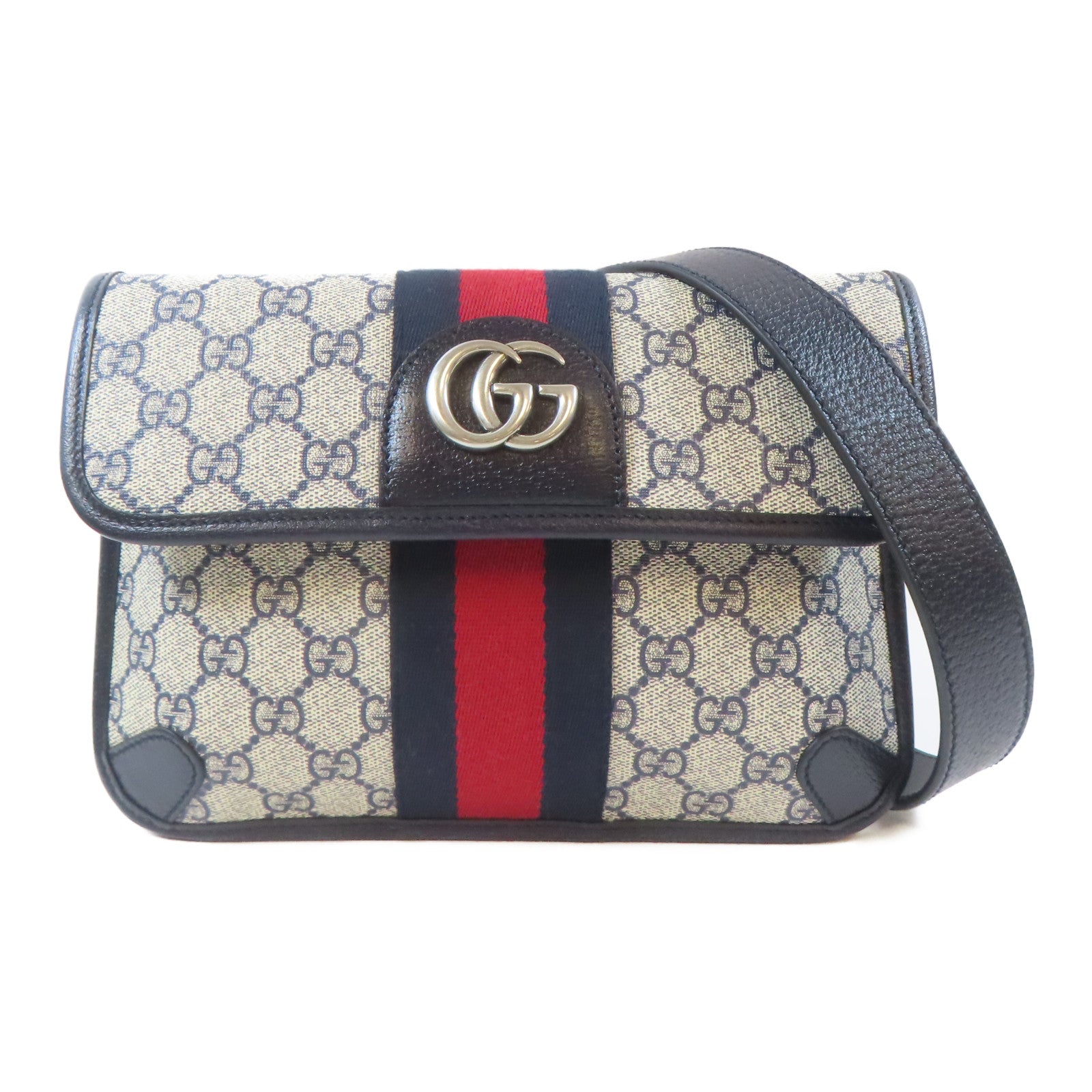 GUCCI 塗層帆布Ophidia Belt Bag銀扣腰包藍色/米白色