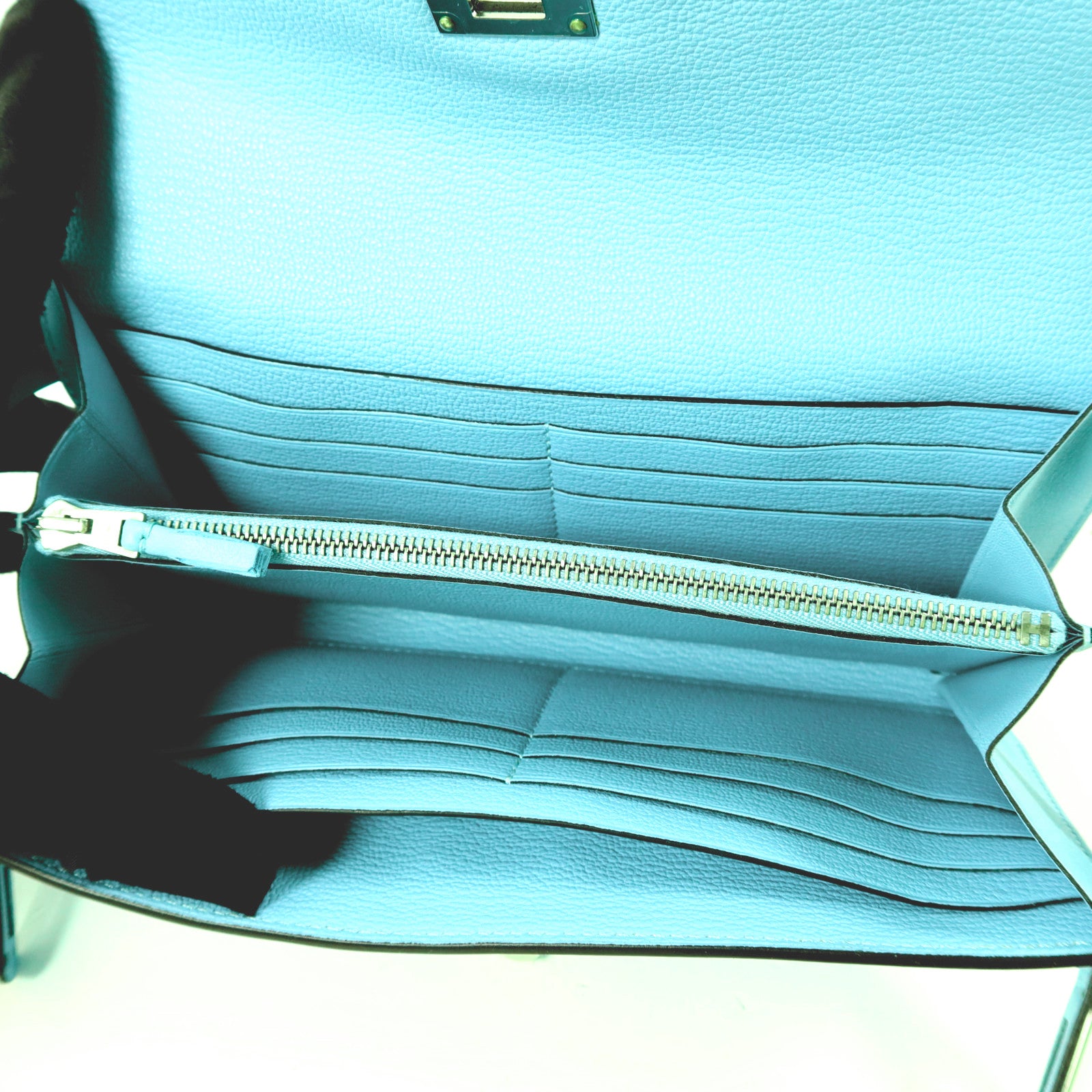 HERMES Swift皮革Kelly Wallet Ghillies銀扣長錢包Bleu Atoll