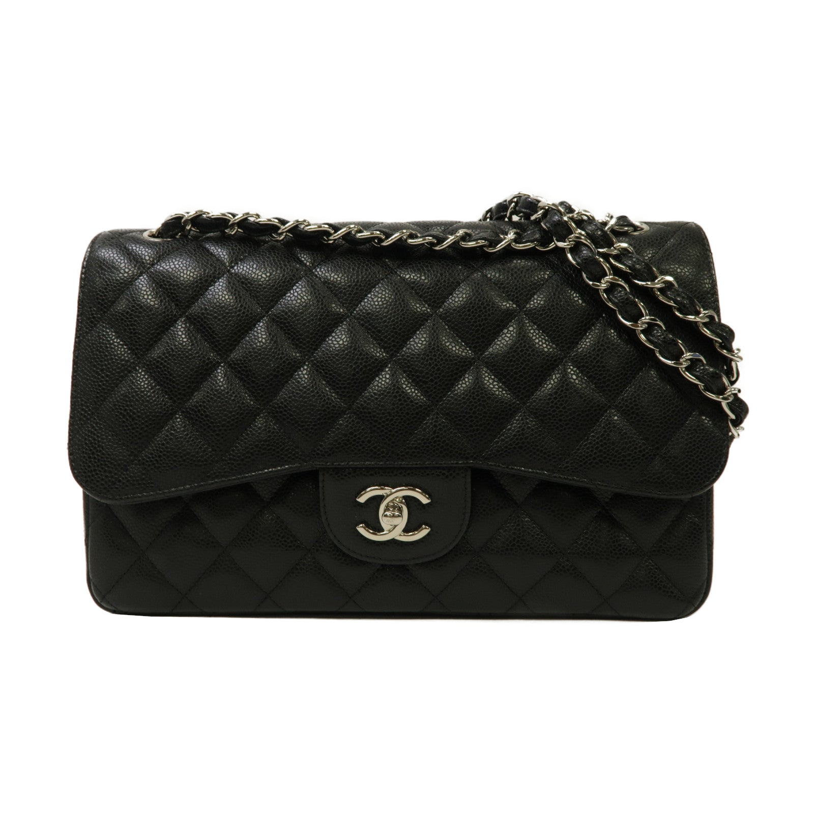 CHANEL 【激減優惠】菱格Caviar皮革Classic Jumbo銀扣鏈帶肩背袋黑色