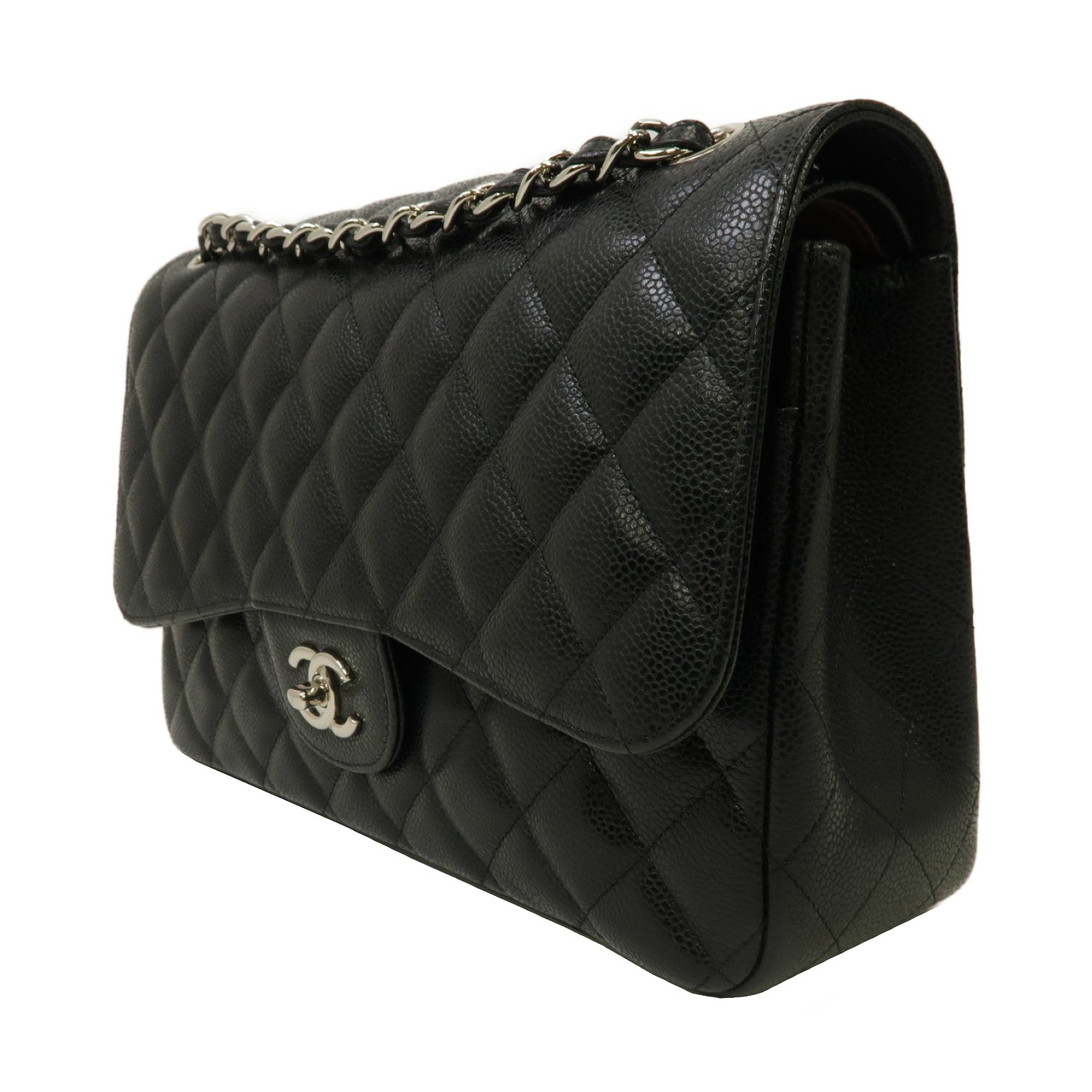 CHANEL 【激減優惠】菱格Caviar皮革Classic Jumbo銀扣鏈帶肩背袋黑色