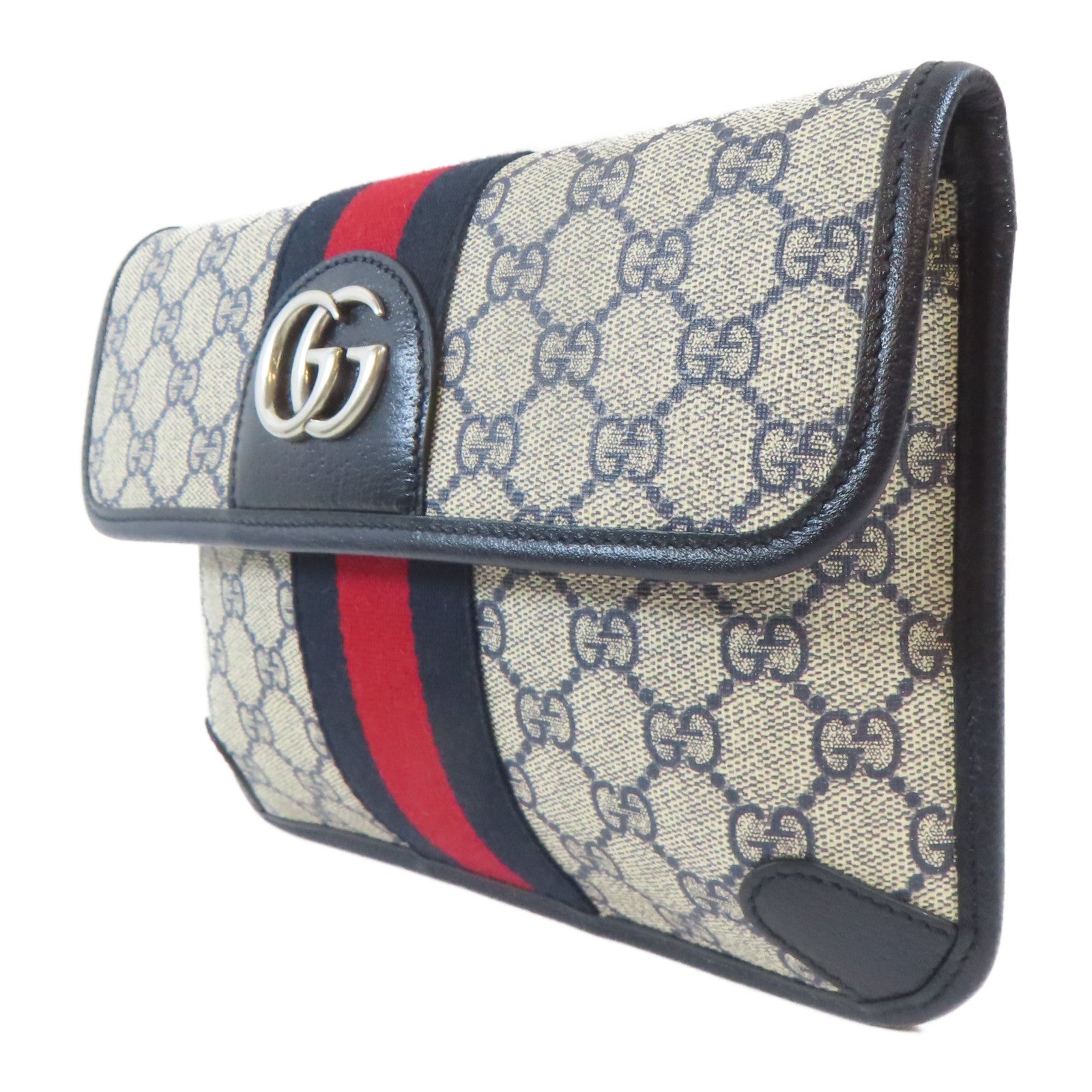 GUCCI 塗層帆布Ophidia Belt Bag銀扣腰包藍色/米白色
