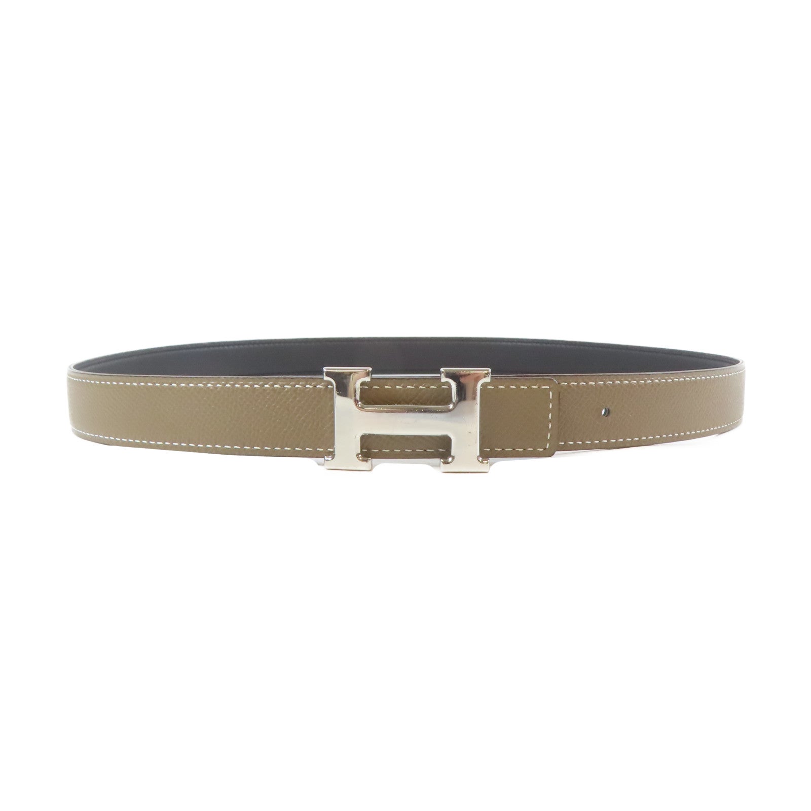 HERMES 牛皮皮革H Belt銀扣皮帶卡其色