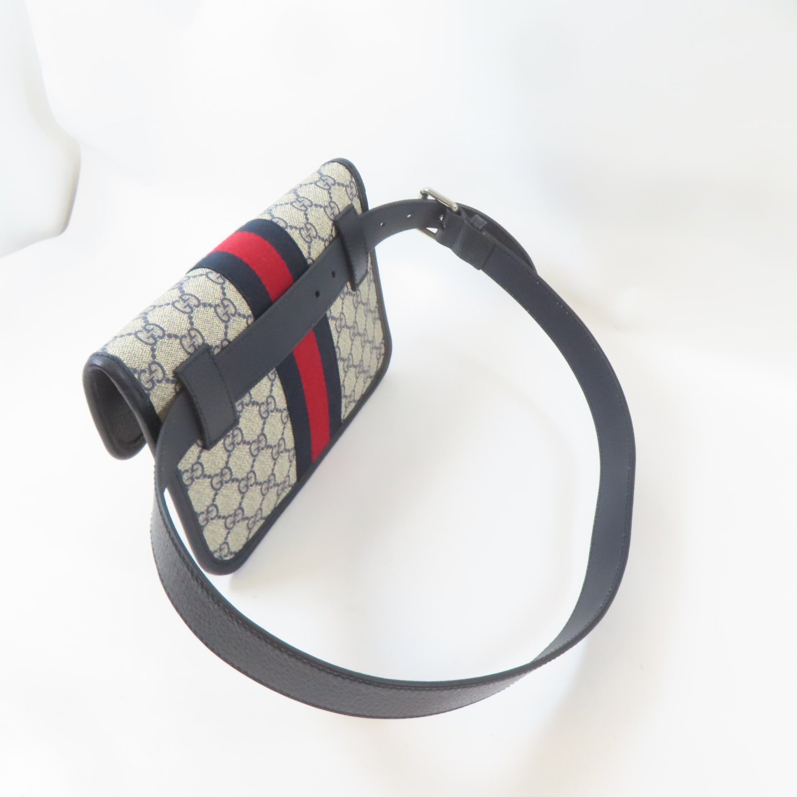 GUCCI 塗層帆布Ophidia Belt Bag銀扣腰包藍色/米白色