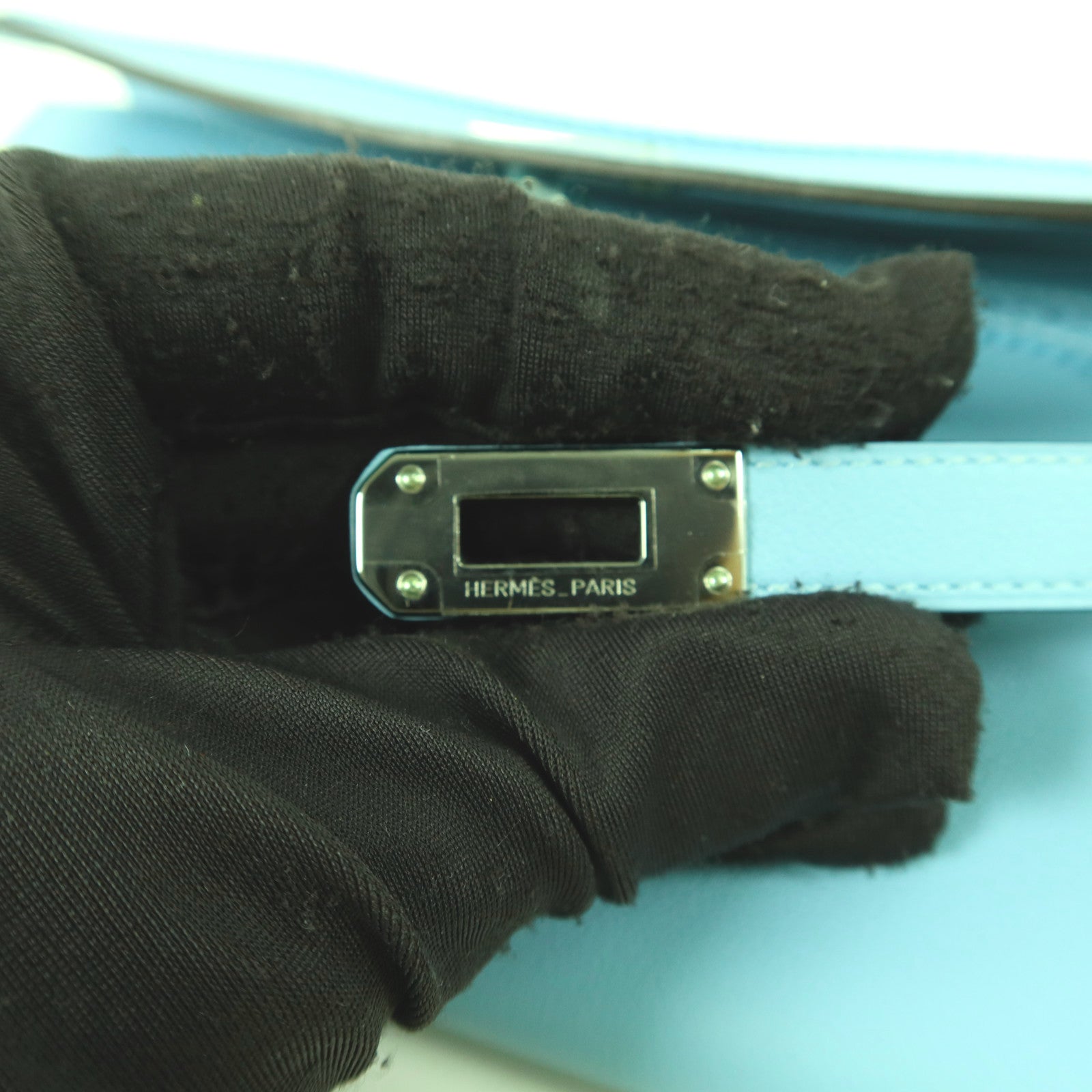 HERMES Swift皮革Kelly Wallet Ghillies銀扣長錢包Bleu Atoll
