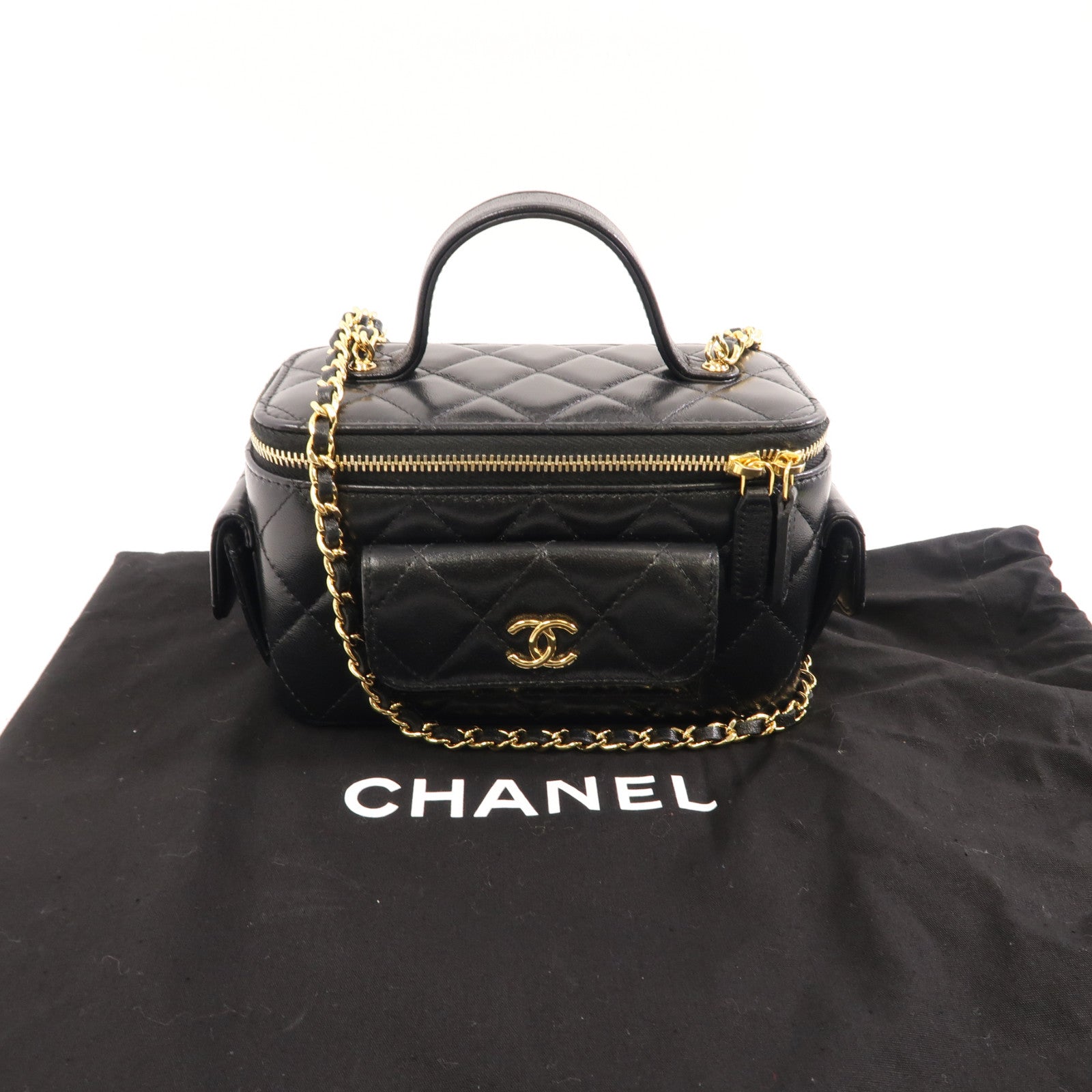 CHANEL 菱格牛皮皮革Vanity Case金扣手挽肩背兩用袋黑色