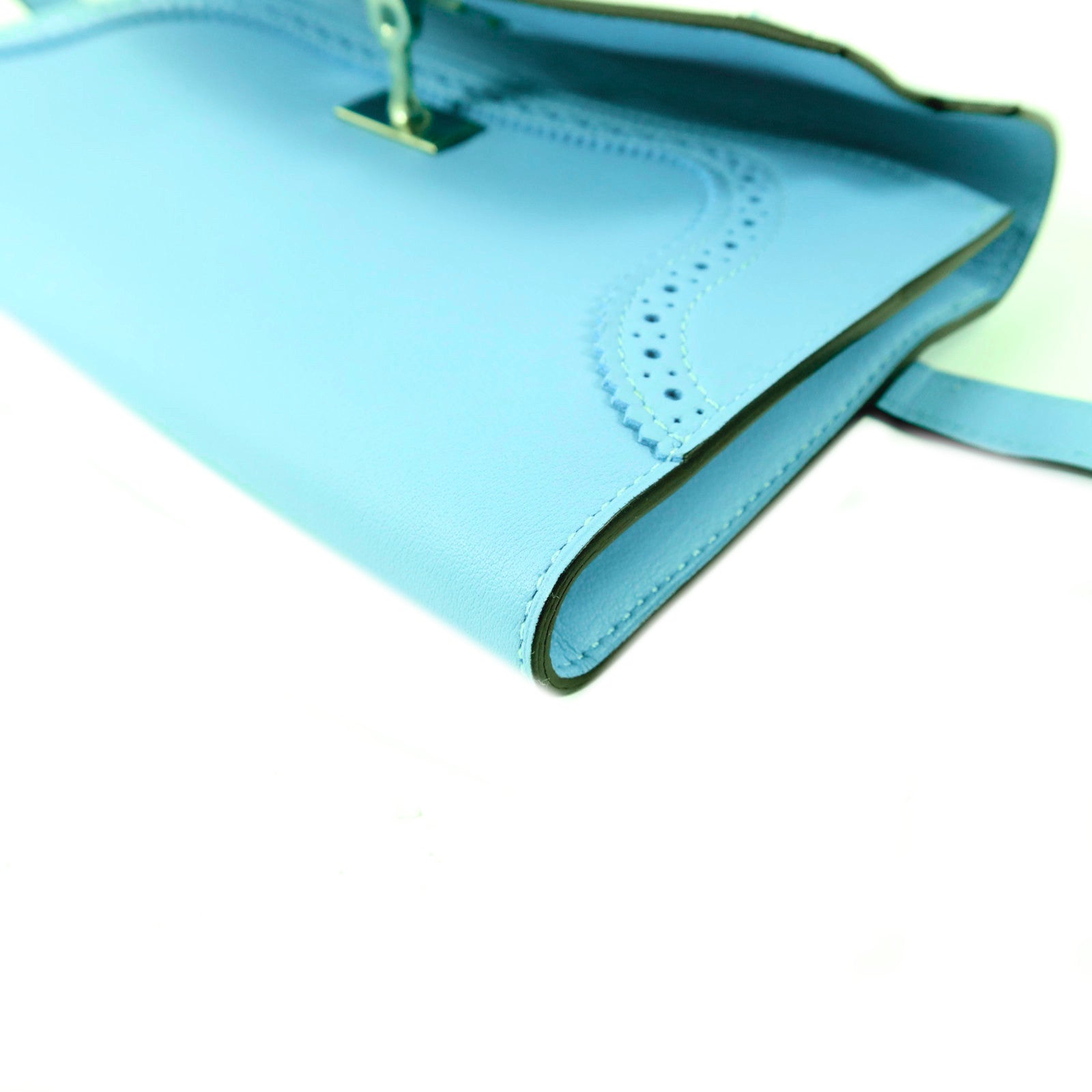 HERMES Swift皮革Kelly Wallet Ghillies銀扣長錢包Bleu Atoll